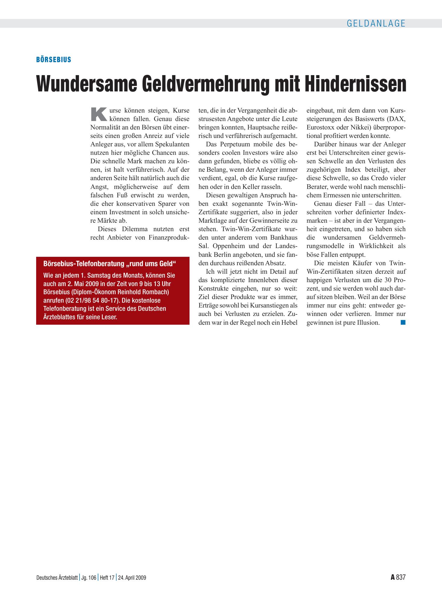 Vorschauseite 1: Börsebius: Wundersame Geldvermehrung mit Hindernissen – Deutsches Ärzteblatt
