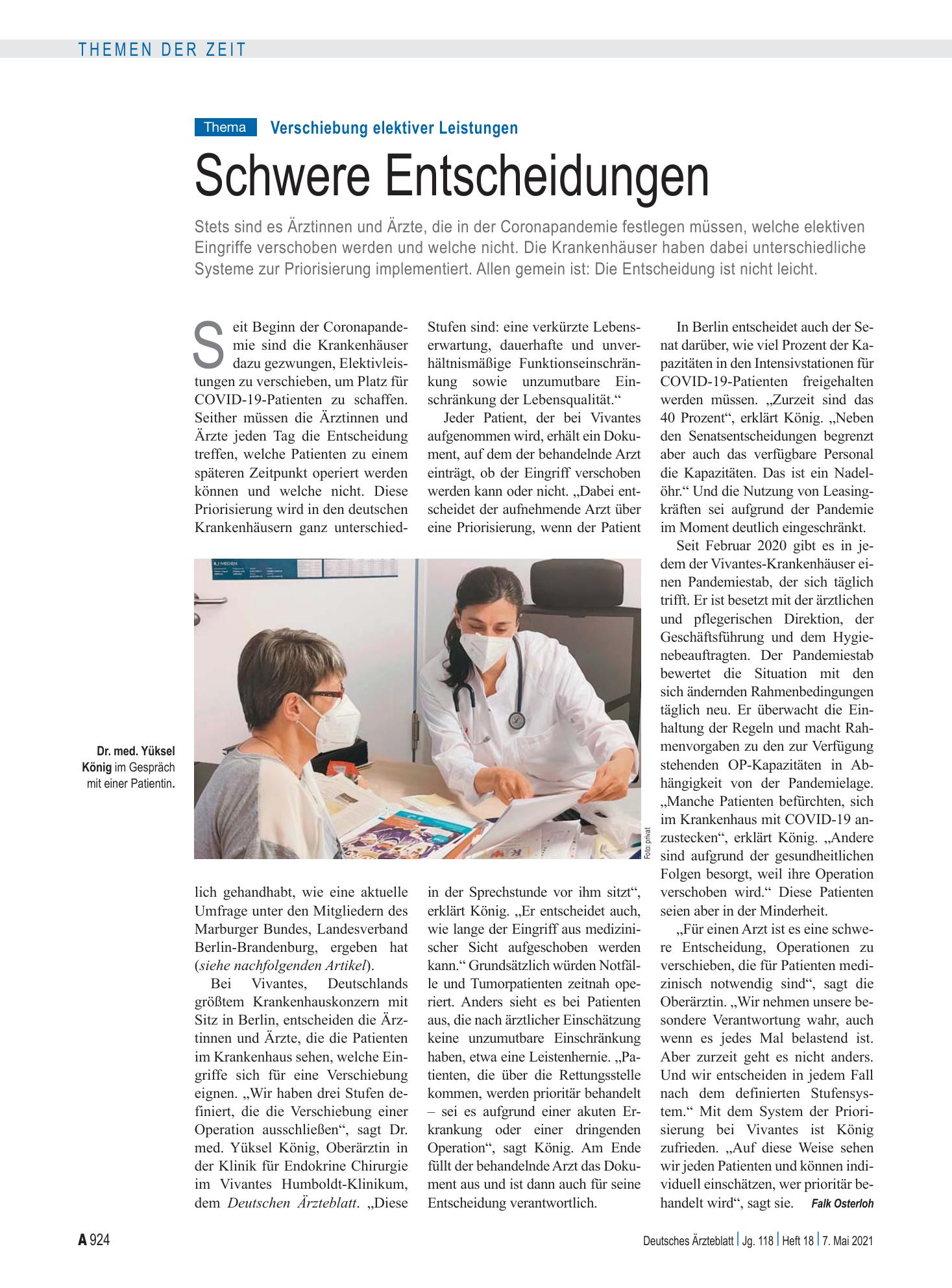 Vorschauseite 1: Verschiebung elektiver Leistungen: Schwere Entscheidungen – Deutsches Ärzteblatt