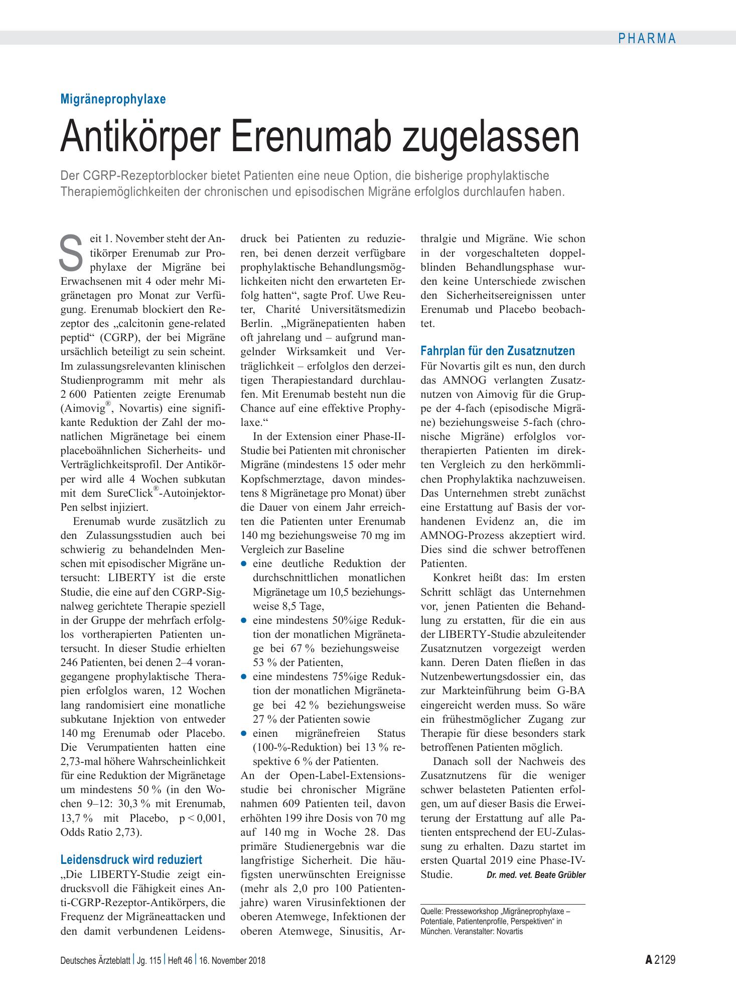 Vorschauseite 1: Migräneprophylaxe: Antikörper Erenumab zugelassen – Deutsches Ärzteblatt