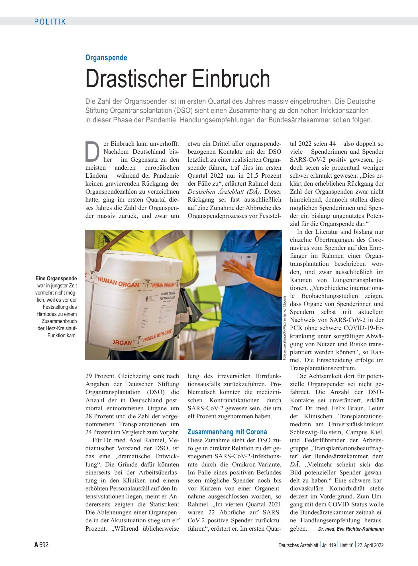 Vorschauseite 1: Organspende: Drastischer Einbruch – Deutsches Ärzteblatt