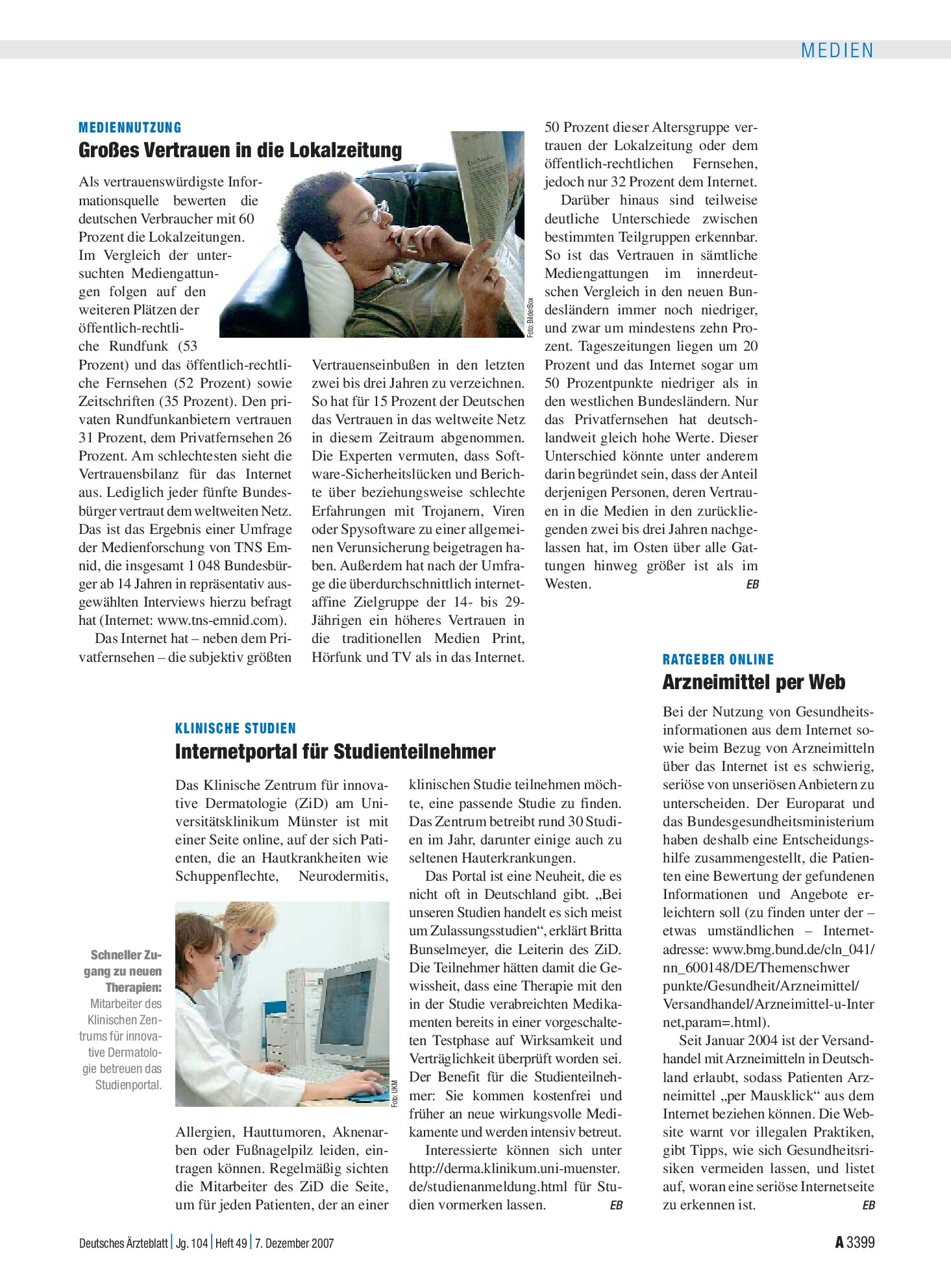 Vorschauseite 1: Klinische Studien: Internetportal für Studienteilnehmer – Deutsches Ärzteblatt