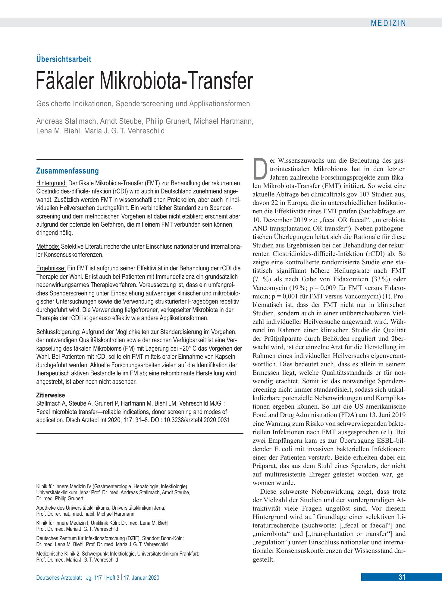 Vorschauseite 1: Fäkaler Mikrobiota-Transfer – Deutsches Ärzteblatt