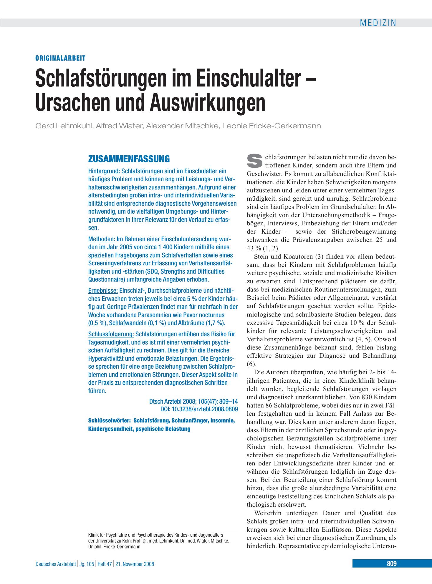 Vorschauseite 1: Schlafstörungen im Einschulalter – Ursachen und Auswirkungen – Deutsches Ärzteblatt