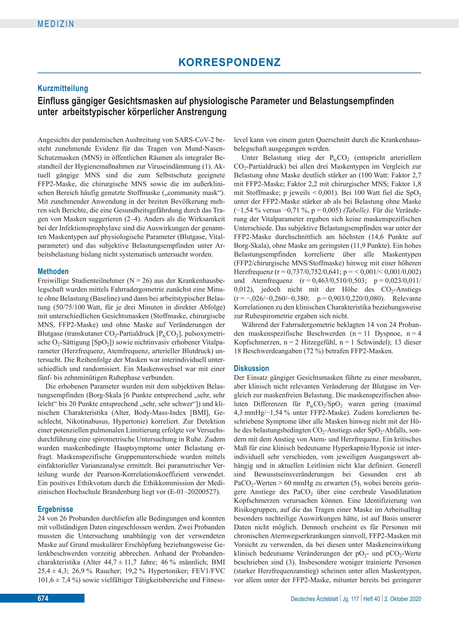 Vorschauseite 1: Einfluss gängiger Gesichtsmasken auf physiologische Parameter und Belastungsempfinden unter arbeitstypischer körperlicher Anstrengung – Deutsches Ärzteblatt