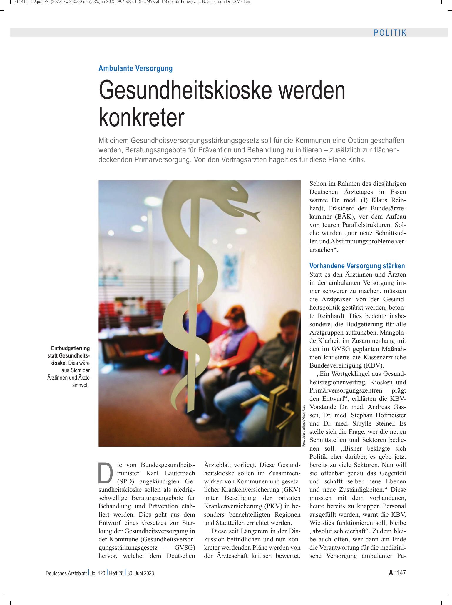 Vorschauseite 1: Ambulante Versorgung: Gesundheitskioske werden konkreter – Deutsches Ärzteblatt