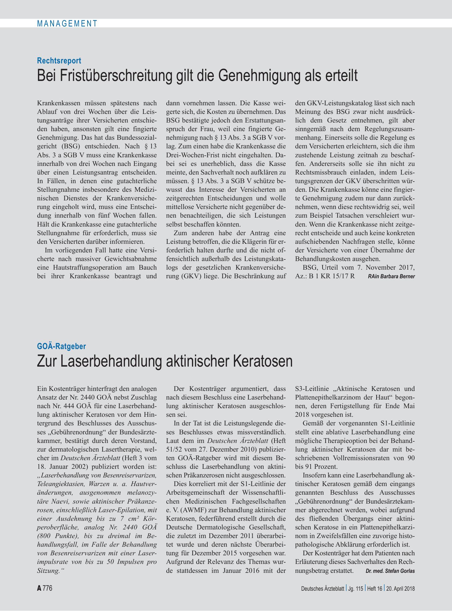 Vorschauseite 1: GOÄ-Ratgeber: Zur Laserbehandlung aktinischer Keratosen – Deutsches Ärzteblatt