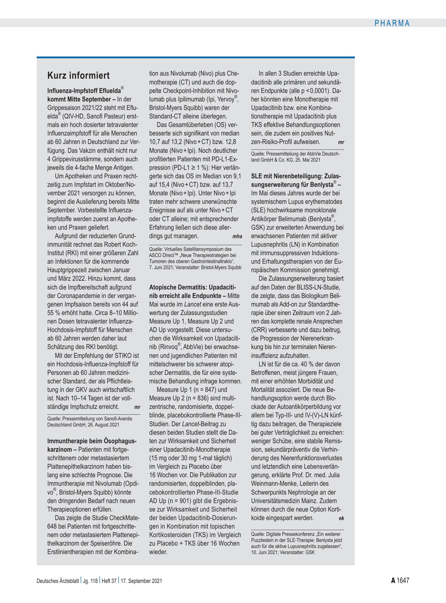 Vorschauseite 1: Kurz informiert – Deutsches Ärzteblatt