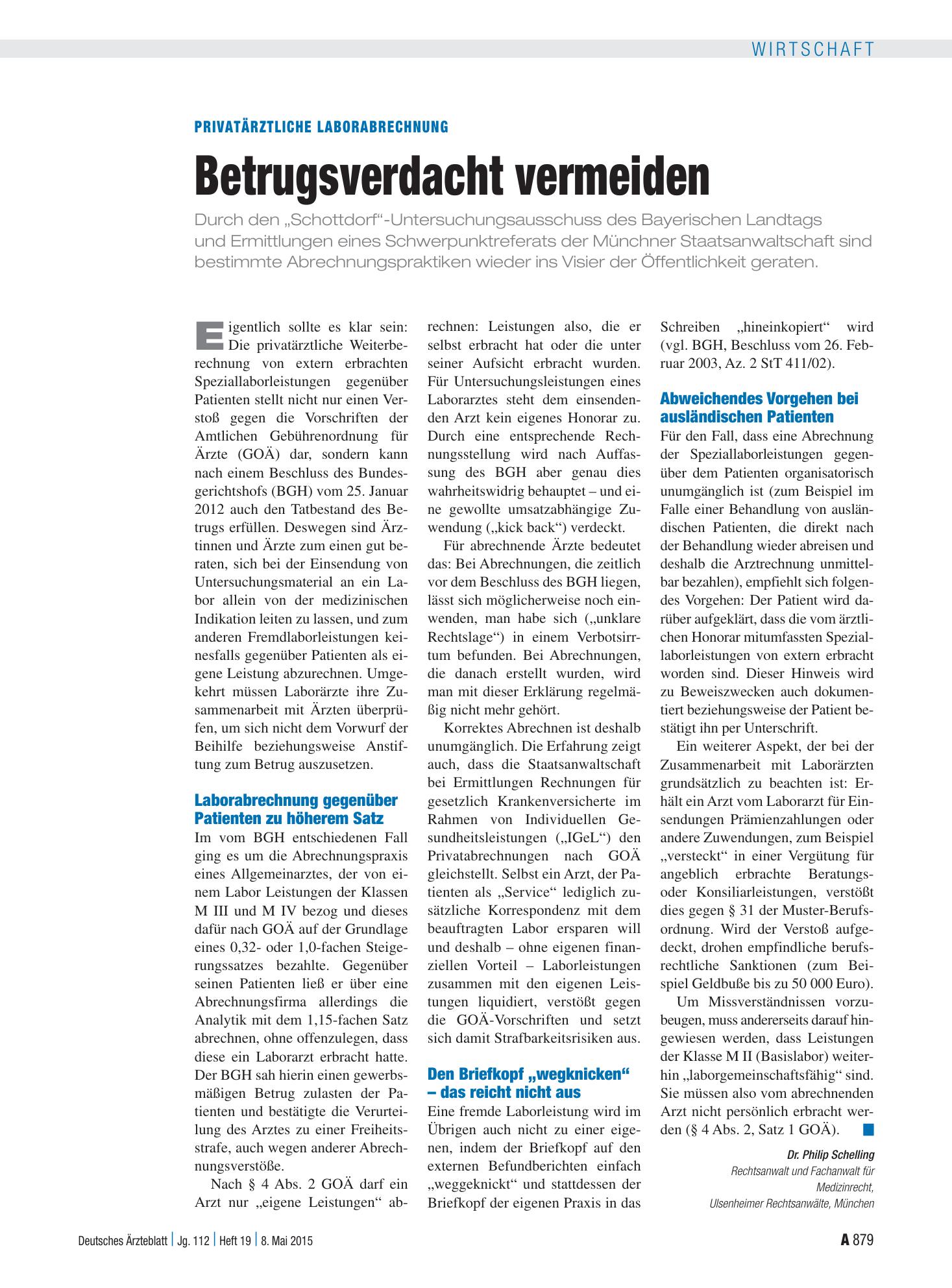 Vorschauseite 1: Privatärztliche Laborabrechnung: Betrugsverdacht vermeiden – Deutsches Ärzteblatt