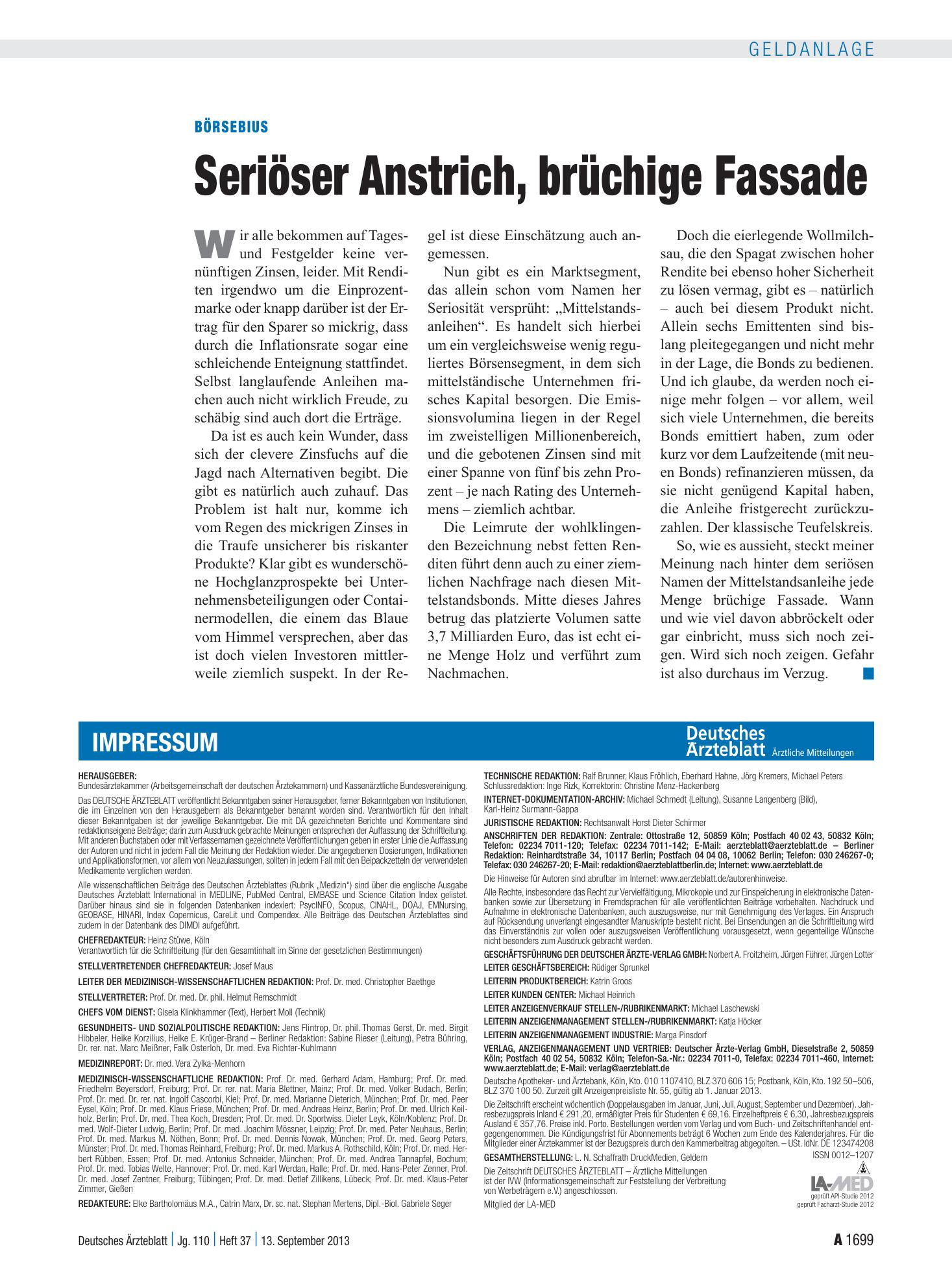 Vorschauseite 1: Börsebius: Seriöser Anstrich, brüchige Fassade – Deutsches Ärzteblatt