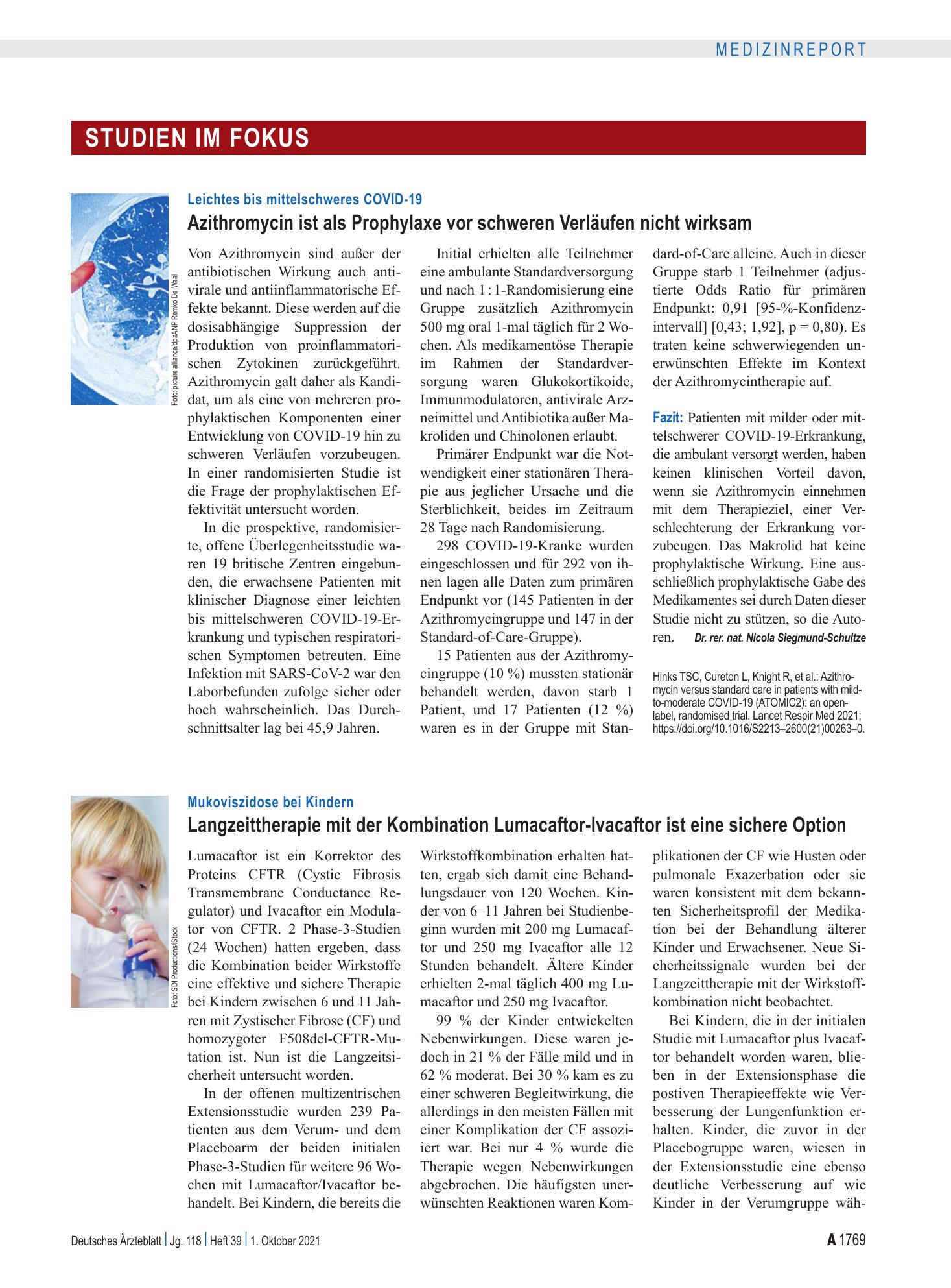 Vorschauseite 1: Mukoviszidose bei Kindern: Langzeittherapie mit der Kombination Lumacaftor-Ivacaftor ist eine sichere Option – Deutsches Ärzteblatt
