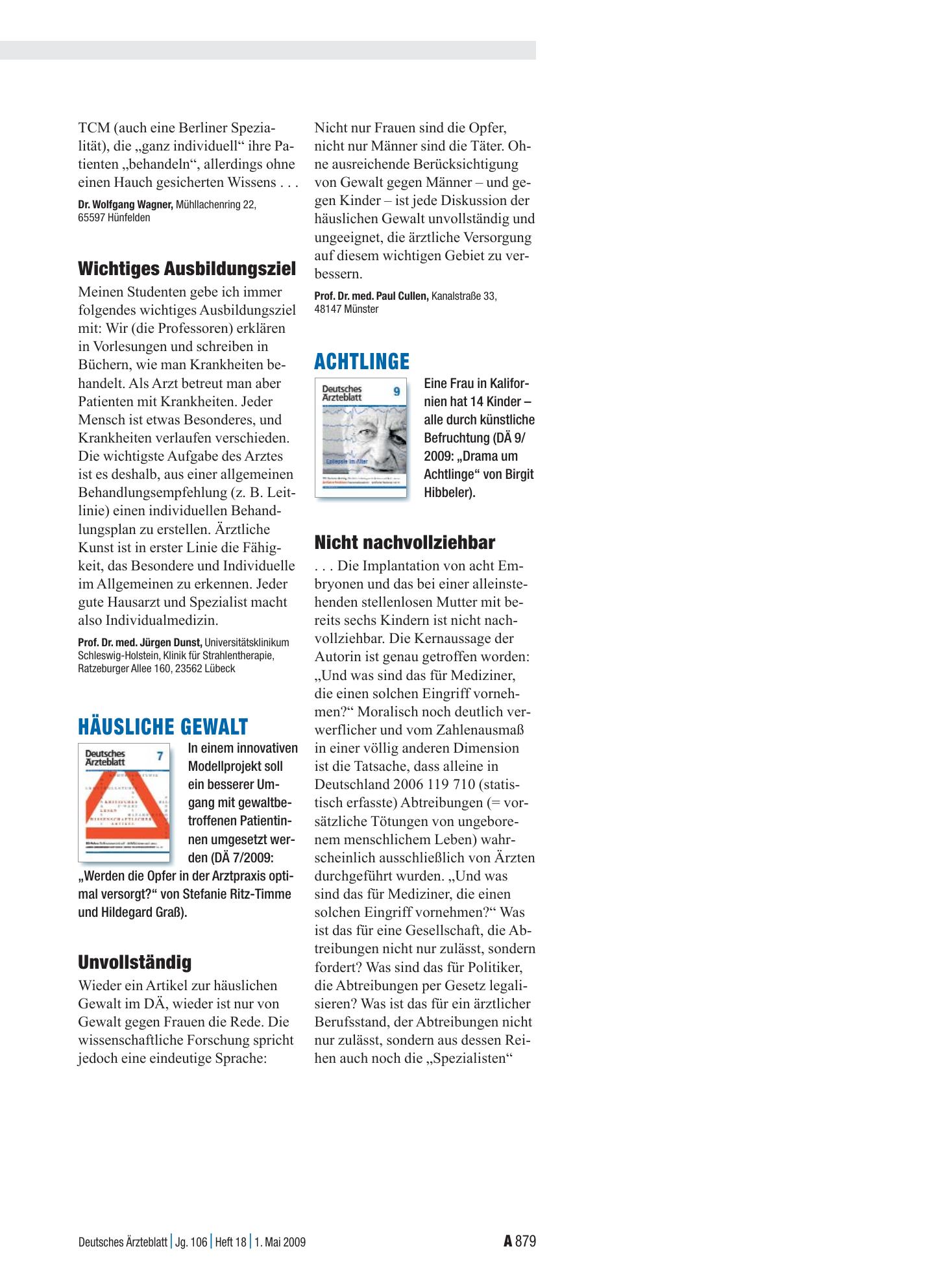 Vorschauseite 1: Häusliche Gewalt: Unvollständig – Deutsches Ärzteblatt