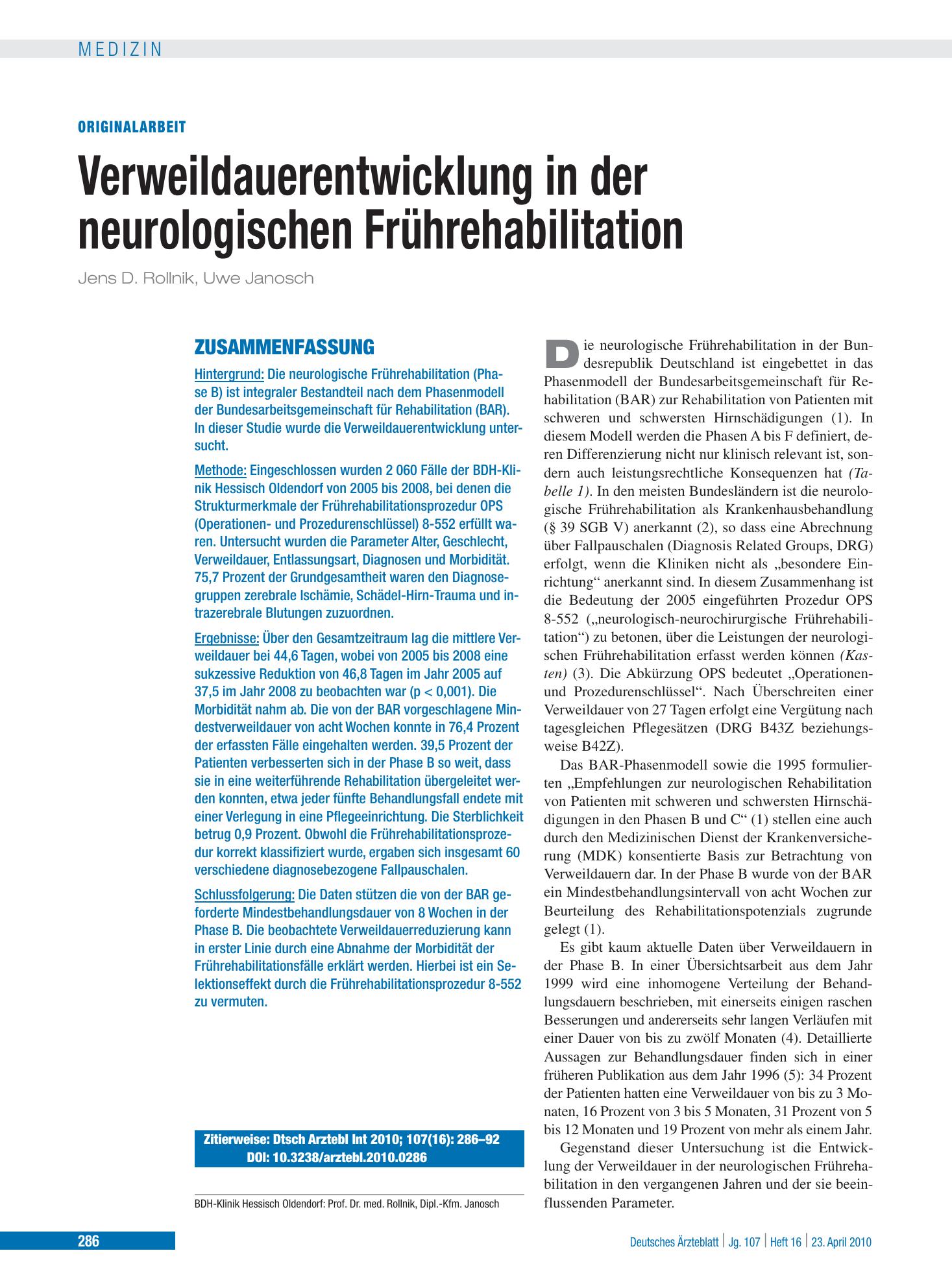Vorschauseite 1: Verweildauerentwicklung in der neurologischen Frührehabilitation – Deutsches Ärzteblatt