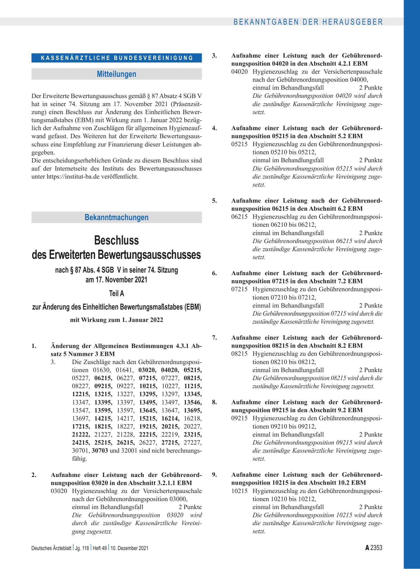 Vorschauseite 1: Beschluss des Erweiterten Bewertungsausschusses nach § 87 Abs. 4 SGB V in seiner 74. Sitzung am 17. November 2021 – Deutsches Ärzteblatt