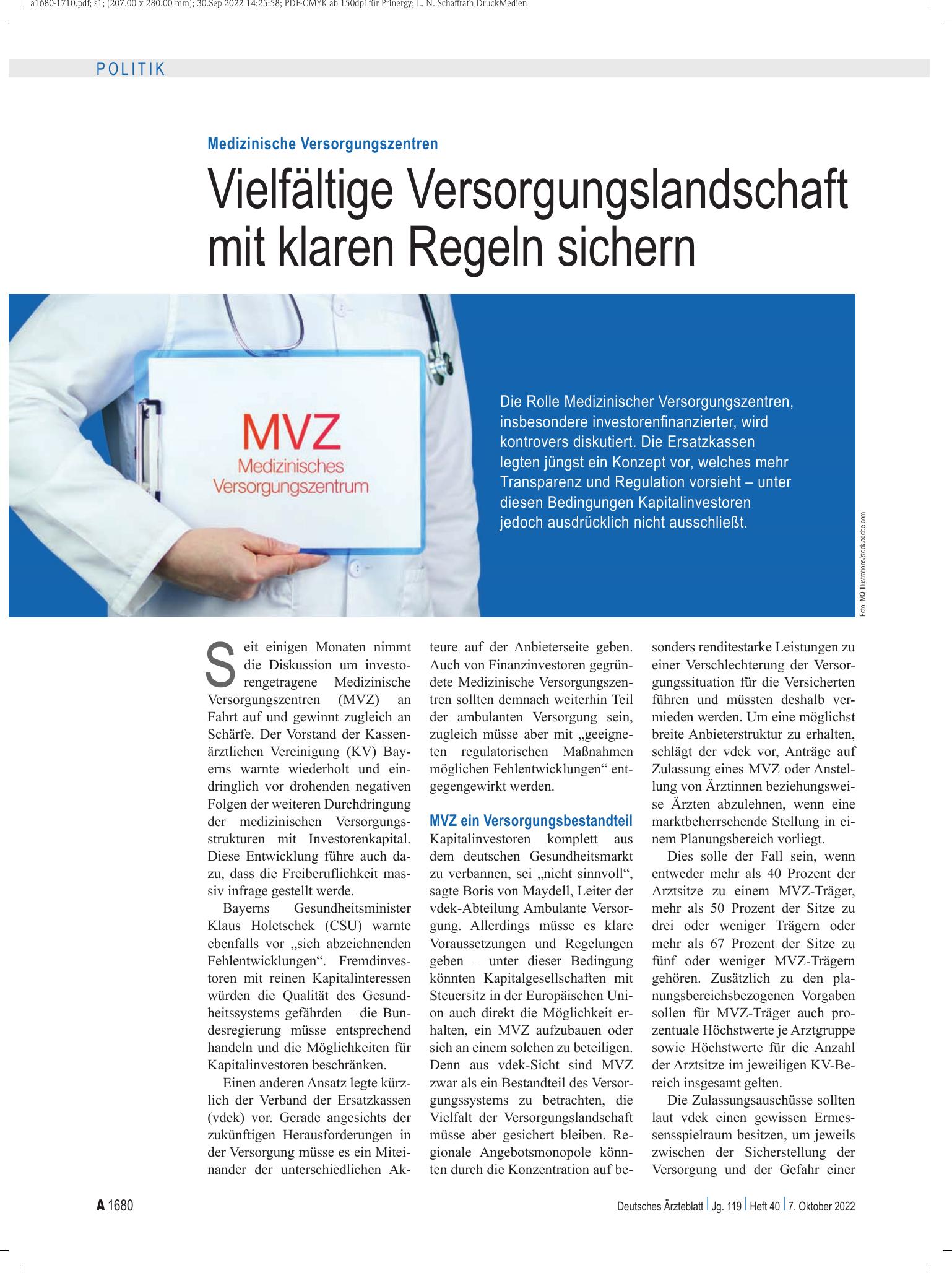Vorschauseite 1: Medizinische Versorgungszentren: Vielfältige Versorgungslandschaft mit klaren Regeln sichern – Deutsches Ärzteblatt