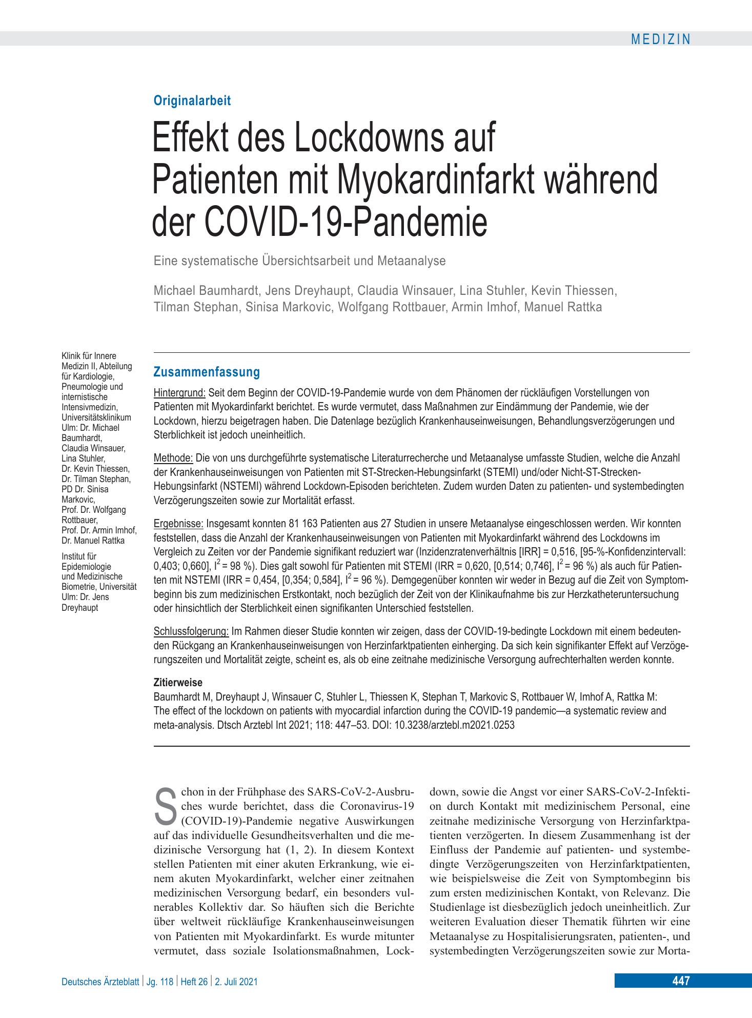 Vorschauseite 1: Effekt des Lockdowns auf Patienten mit Myokardinfarkt während der COVID-19-Pandemie – Deutsches Ärzteblatt