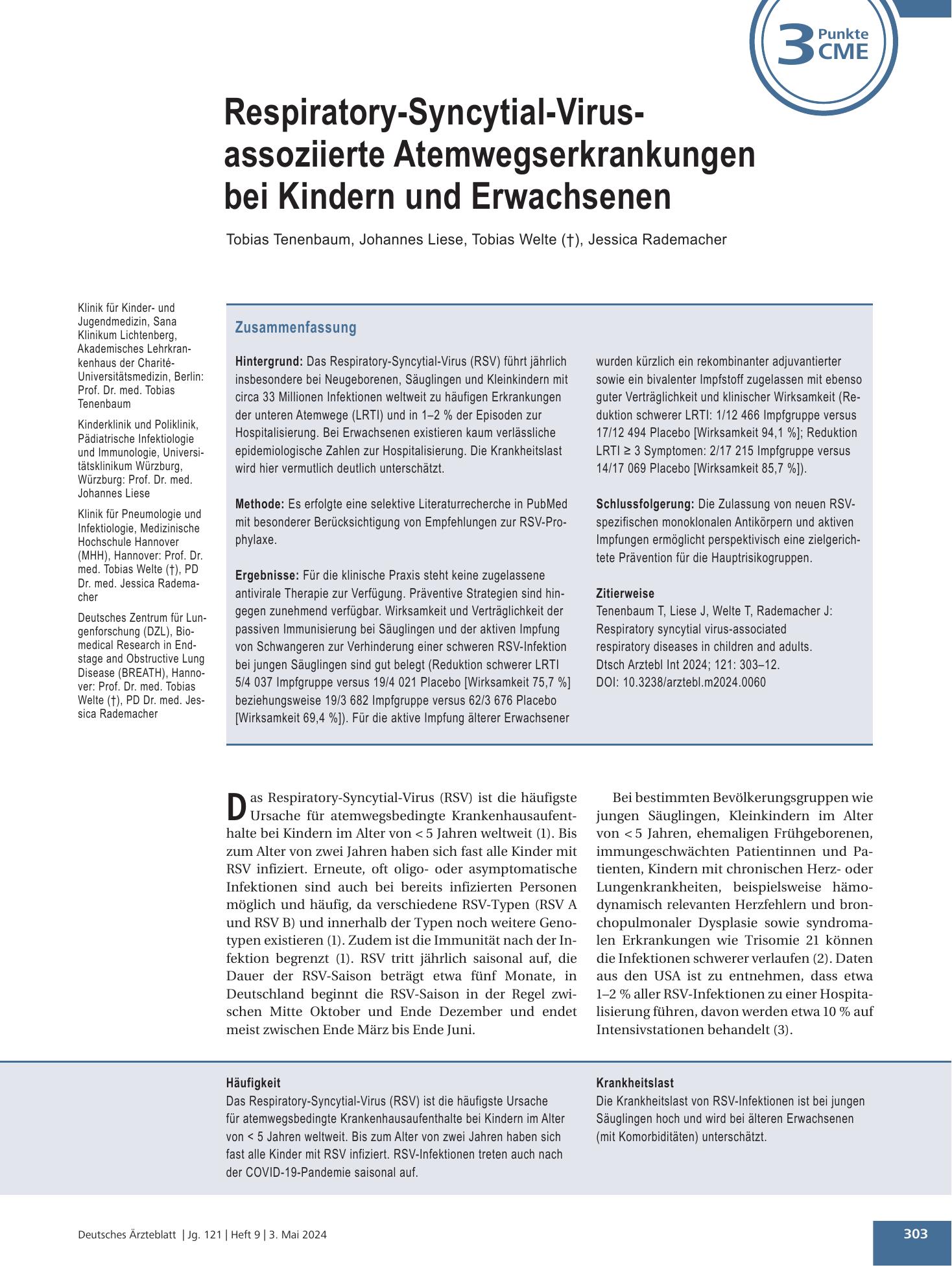 Vorschauseite 1: Respiratory-Syncytial-Virus-assoziierte Atemwegserkrankungen bei Kindern und Erwachsenen – Deutsches Ärzteblatt
