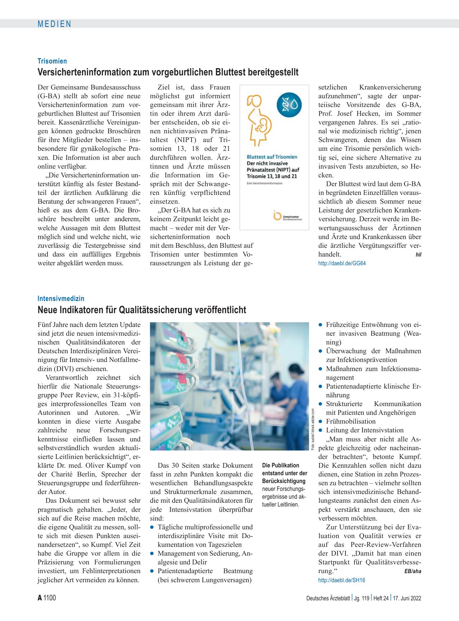 Vorschauseite 1: Trisomien: Versicherteninformation zum vorgeburtlichen Bluttest bereitgestellt – Deutsches Ärzteblatt