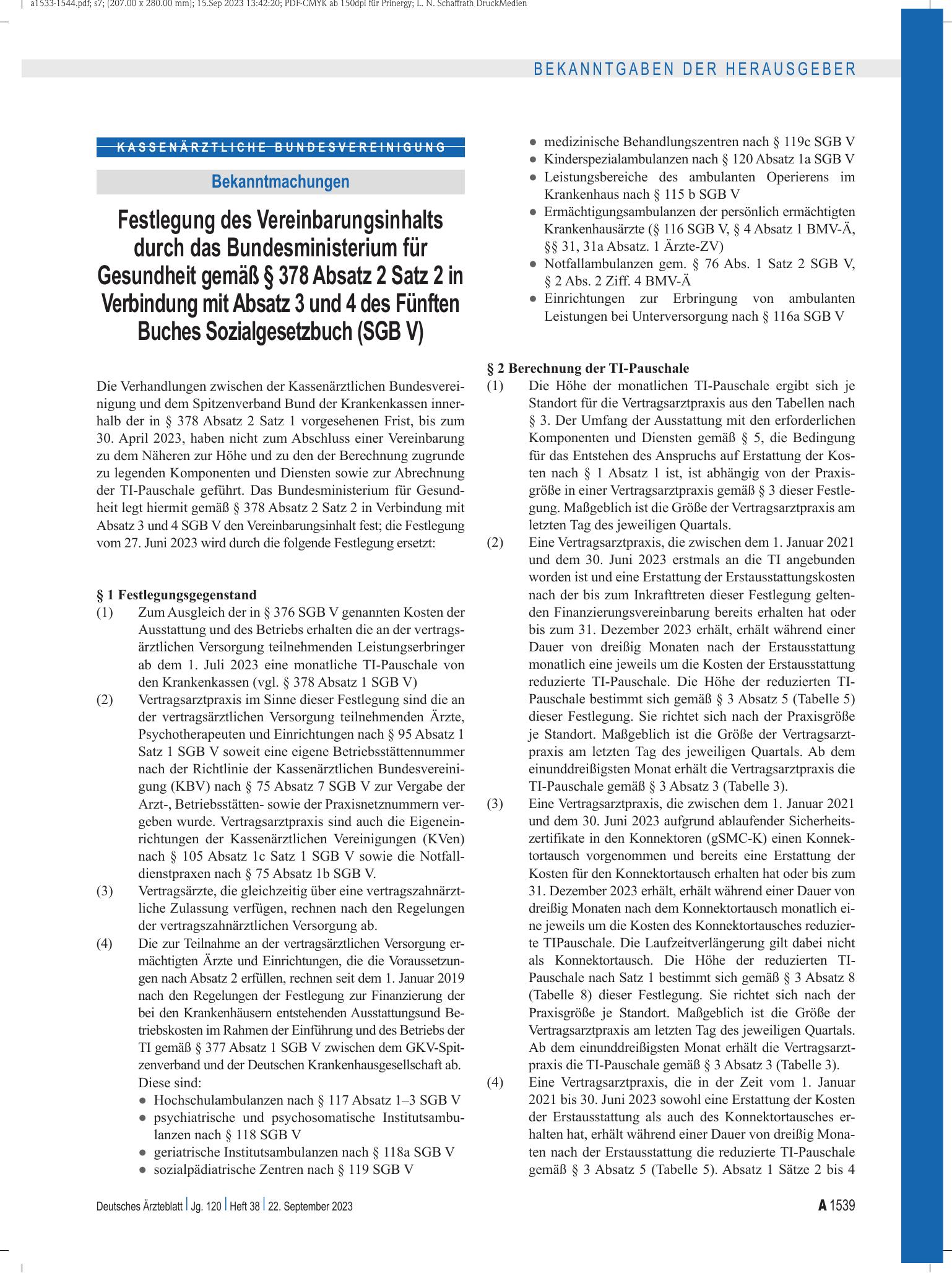 Vorschauseite 1: Festlegung des Vereinbarungsinhalts durch das Bundesministerium für Gesundheit gemäß § 378 Absatz 2 Satz 2 in Verbindung mit Absatz 3 und 4 des Fünften Buches Sozialgesetzbuch (SG…
