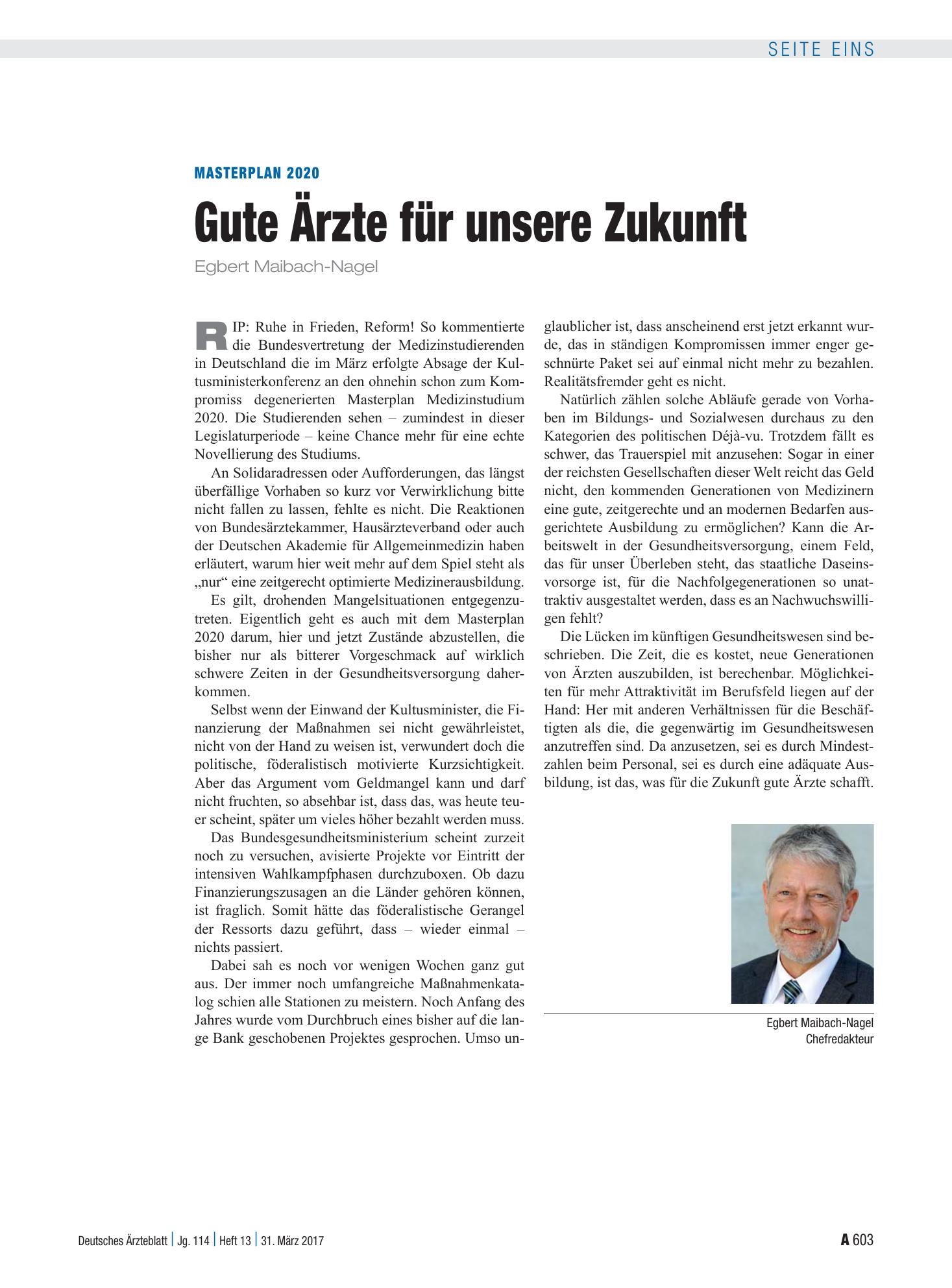 Vorschauseite 1: Masterplan 2020: Gute Ärzte für unsere Zukunft – Deutsches Ärzteblatt