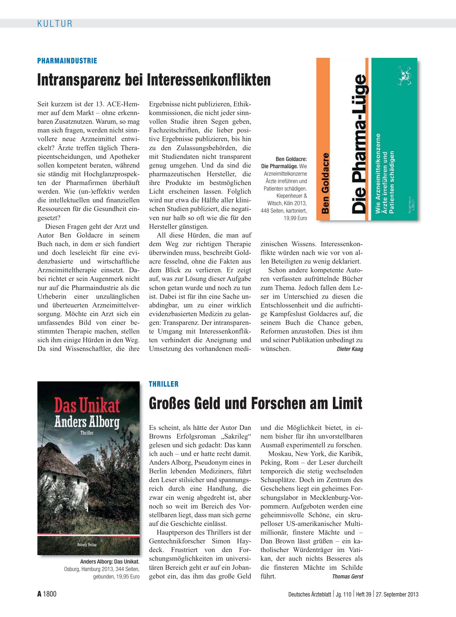 Vorschauseite 1: Thriller: Großes Geld und Forschen am Limit – Deutsches Ärzteblatt