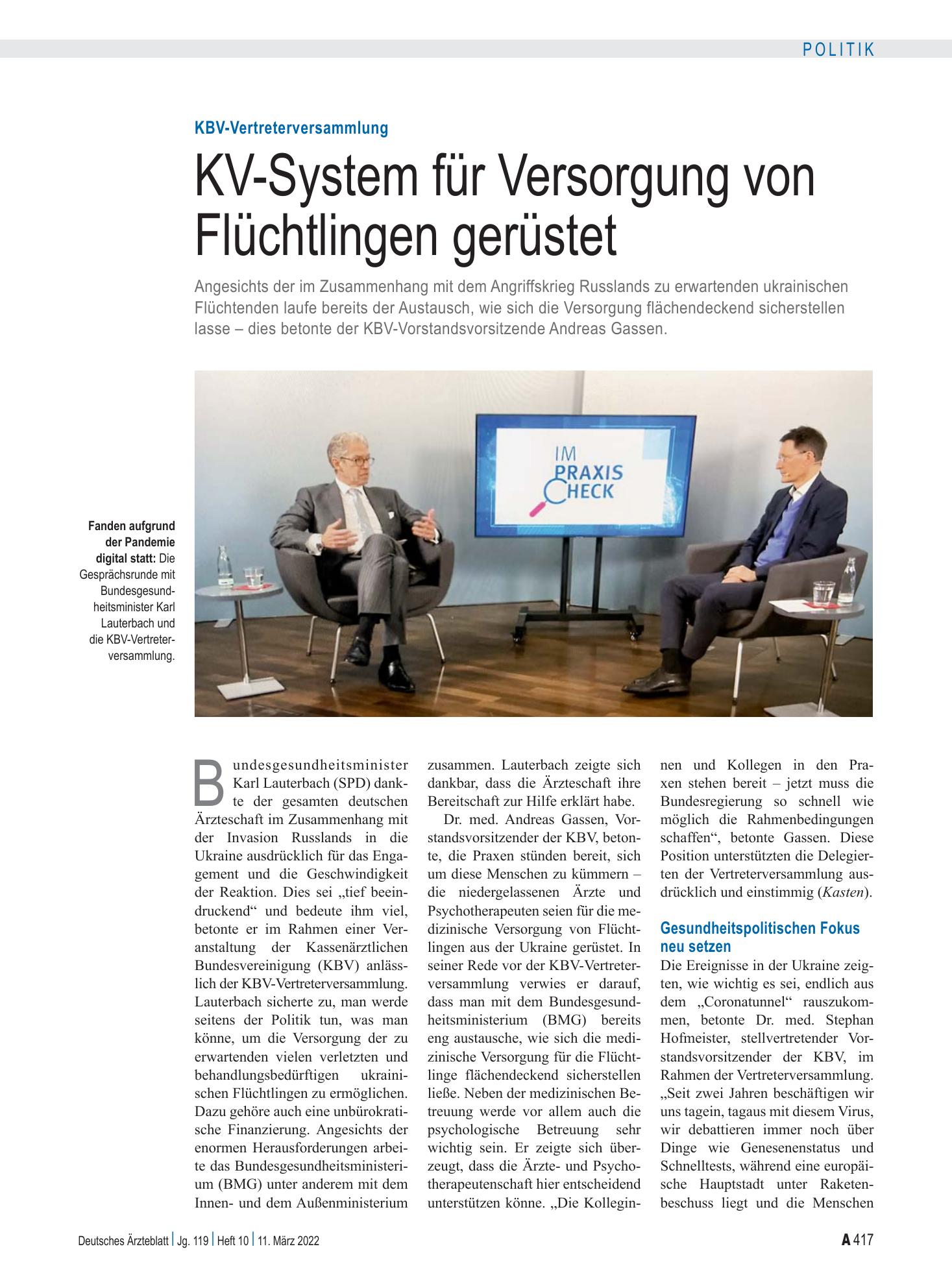 Vorschauseite 1: KBV-Vertreterversammlung: KV-System für Versorgung von Flüchtlingen gerüstet – Deutsches Ärzteblatt