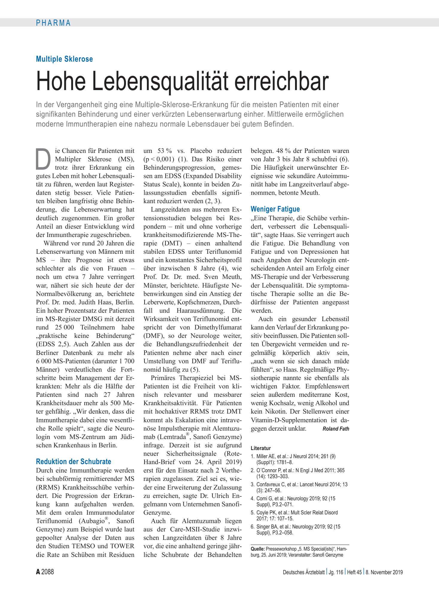 Vorschauseite 1: Multiple Sklerose: Hohe Lebensqualität erreichbar – Deutsches Ärzteblatt