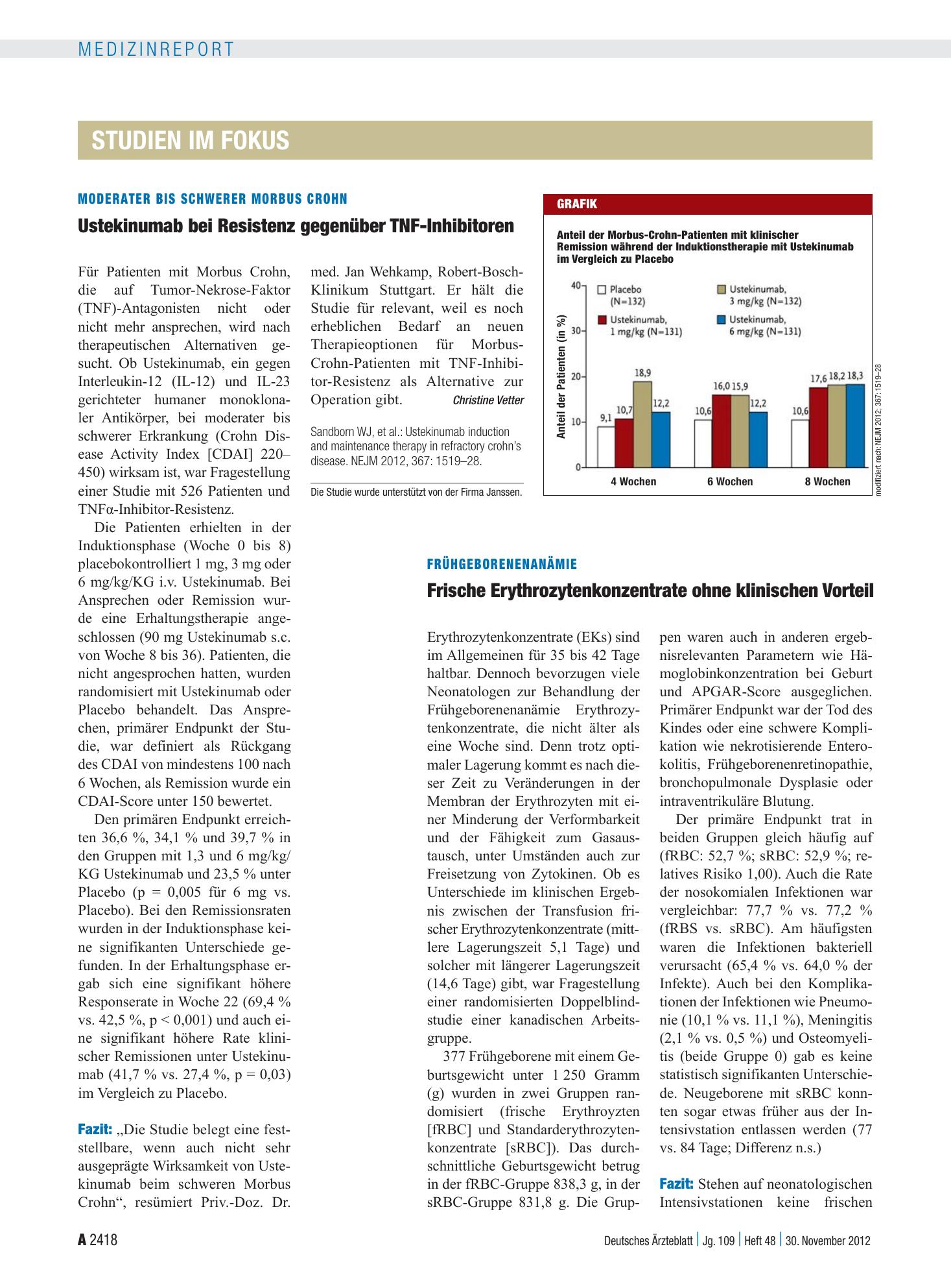 Vorschauseite 1: Moderater bis schwerer Morbus Crohn: Ustekinumab bei Resistenz gegenüber TNF-Inhibitoren – Deutsches Ärzteblatt
