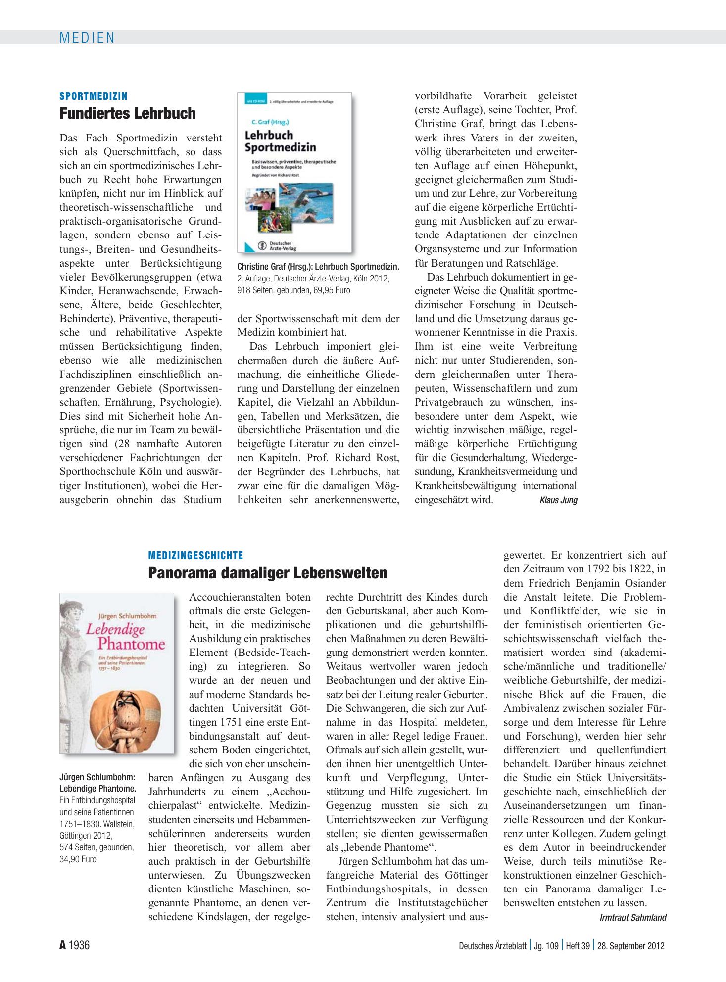 Vorschauseite 1: Medizingeschichte: Panorama damaliger Lebenswelten – Deutsches Ärzteblatt