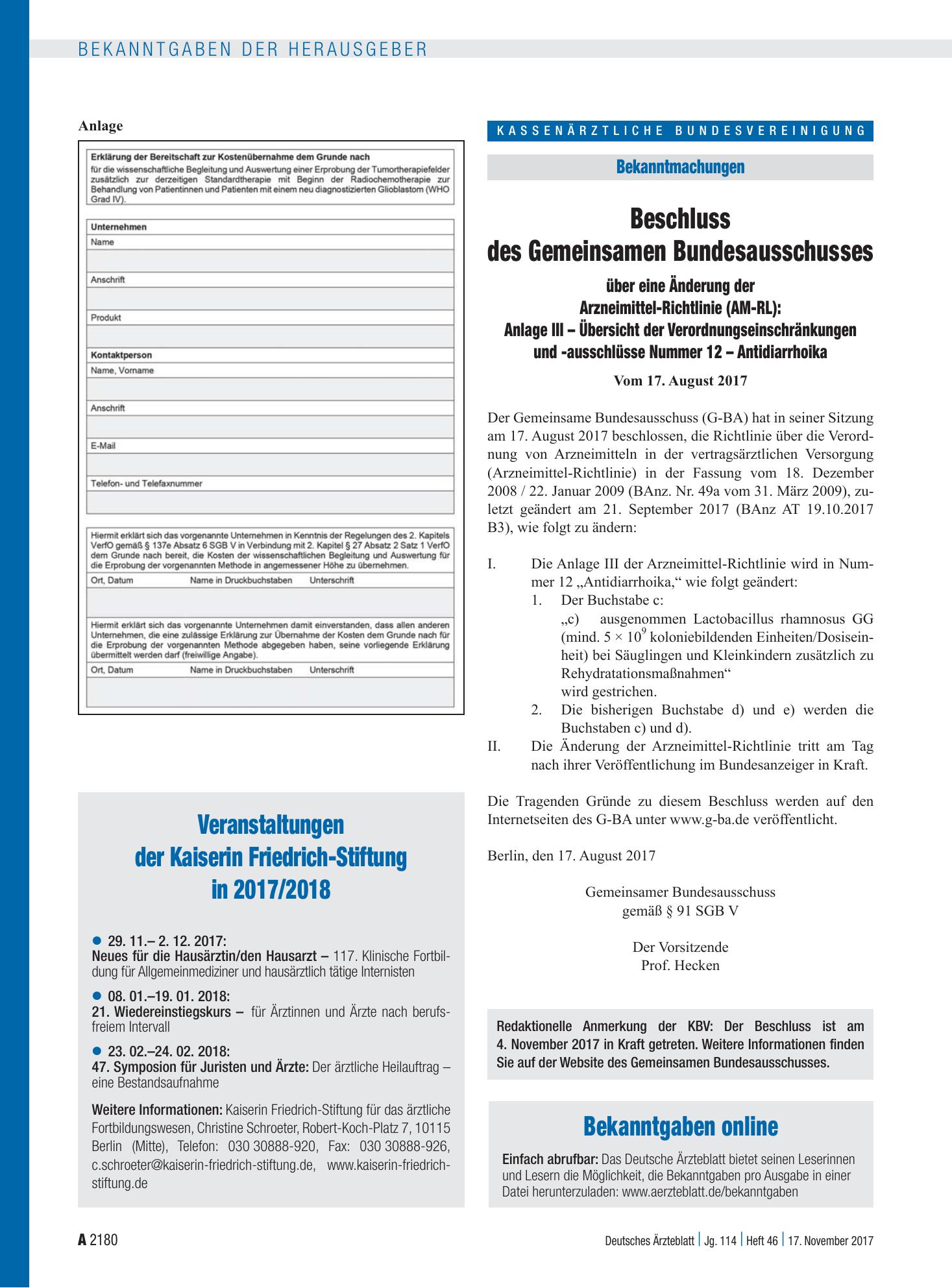 Vorschauseite 1: Bekanntgaben online – Deutsches Ärzteblatt