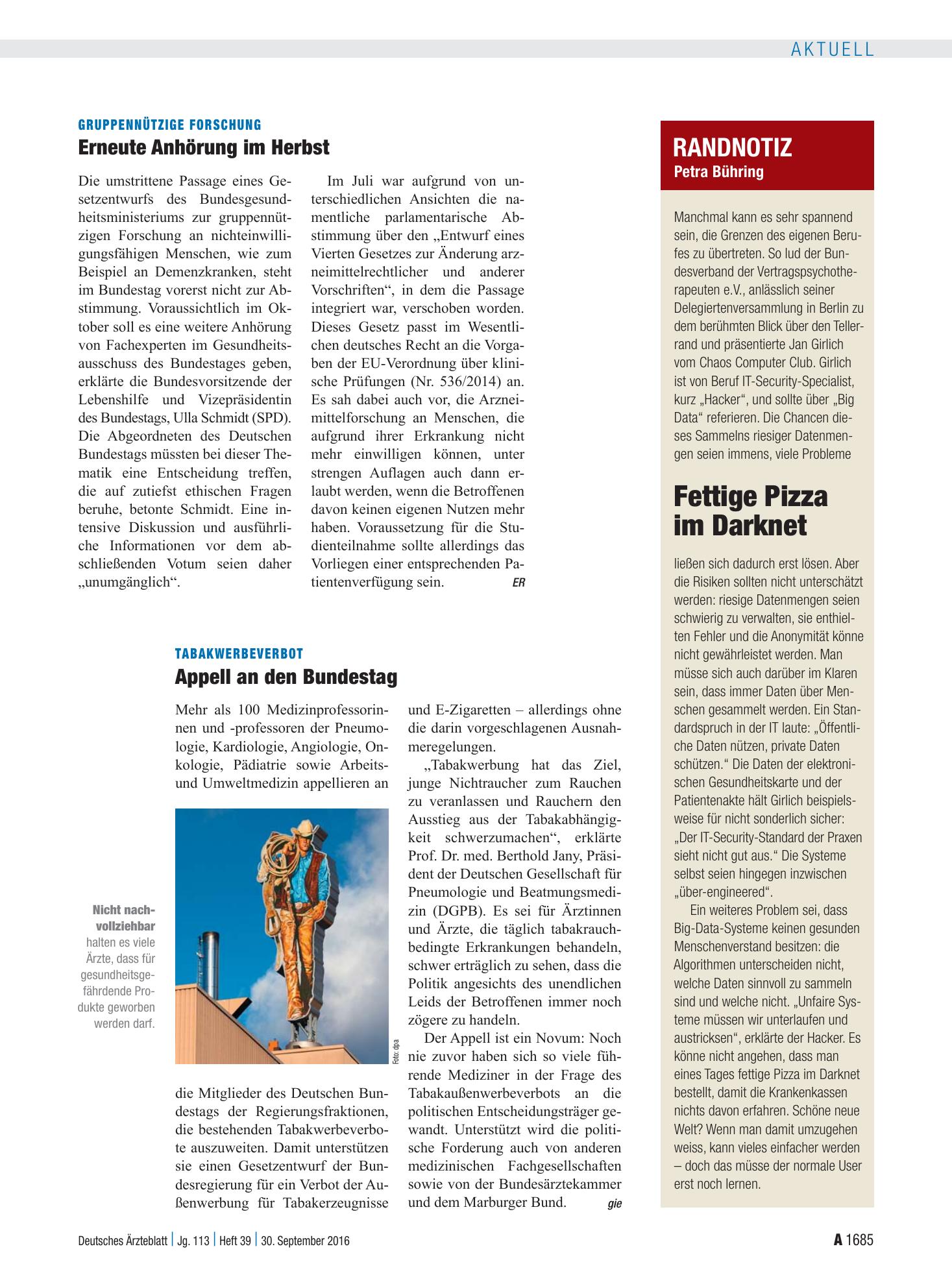 Vorschauseite 1: Tabakwerbeverbot: Appell an den Bundestag – Deutsches Ärzteblatt