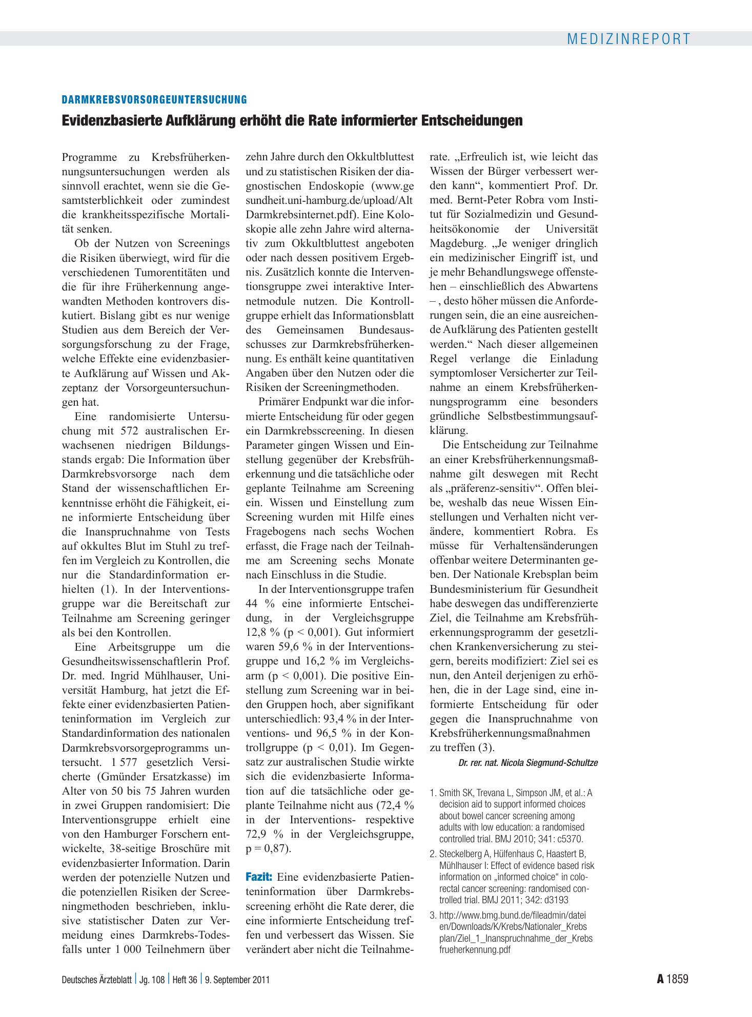 Vorschauseite 1: Darmkrebsvorsorgeuntersuchung: Evidenzbasierte Aufklärung erhöht die Rate informierter Entscheidungen – Deutsches Ärzteblatt
