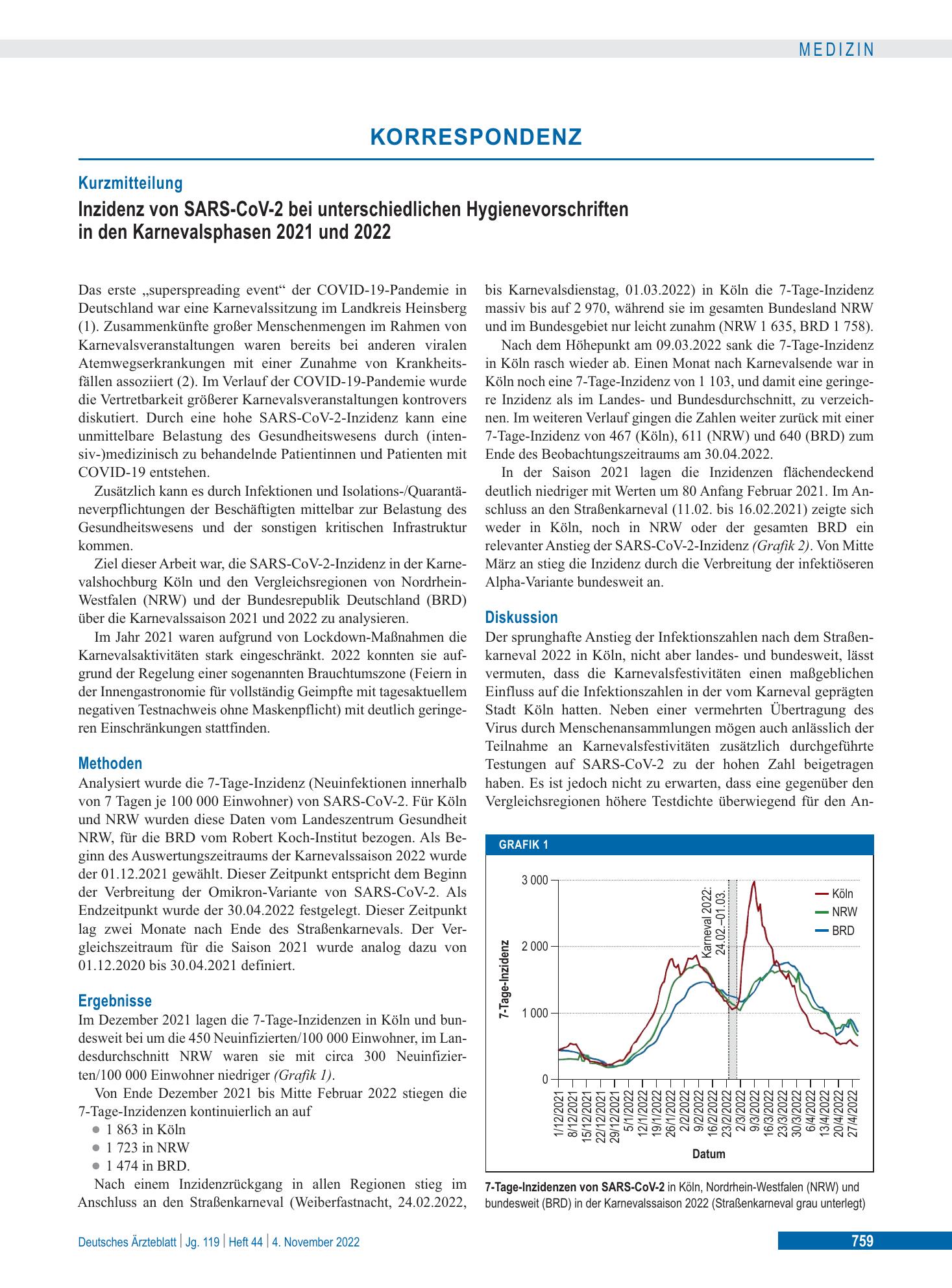 Vorschauseite 1: Inzidenz von SARS-CoV-2 bei unterschiedlichen Hygienevorschriften in den Karnevalsphasen 2021 und 2022 – Deutsches Ärzteblatt