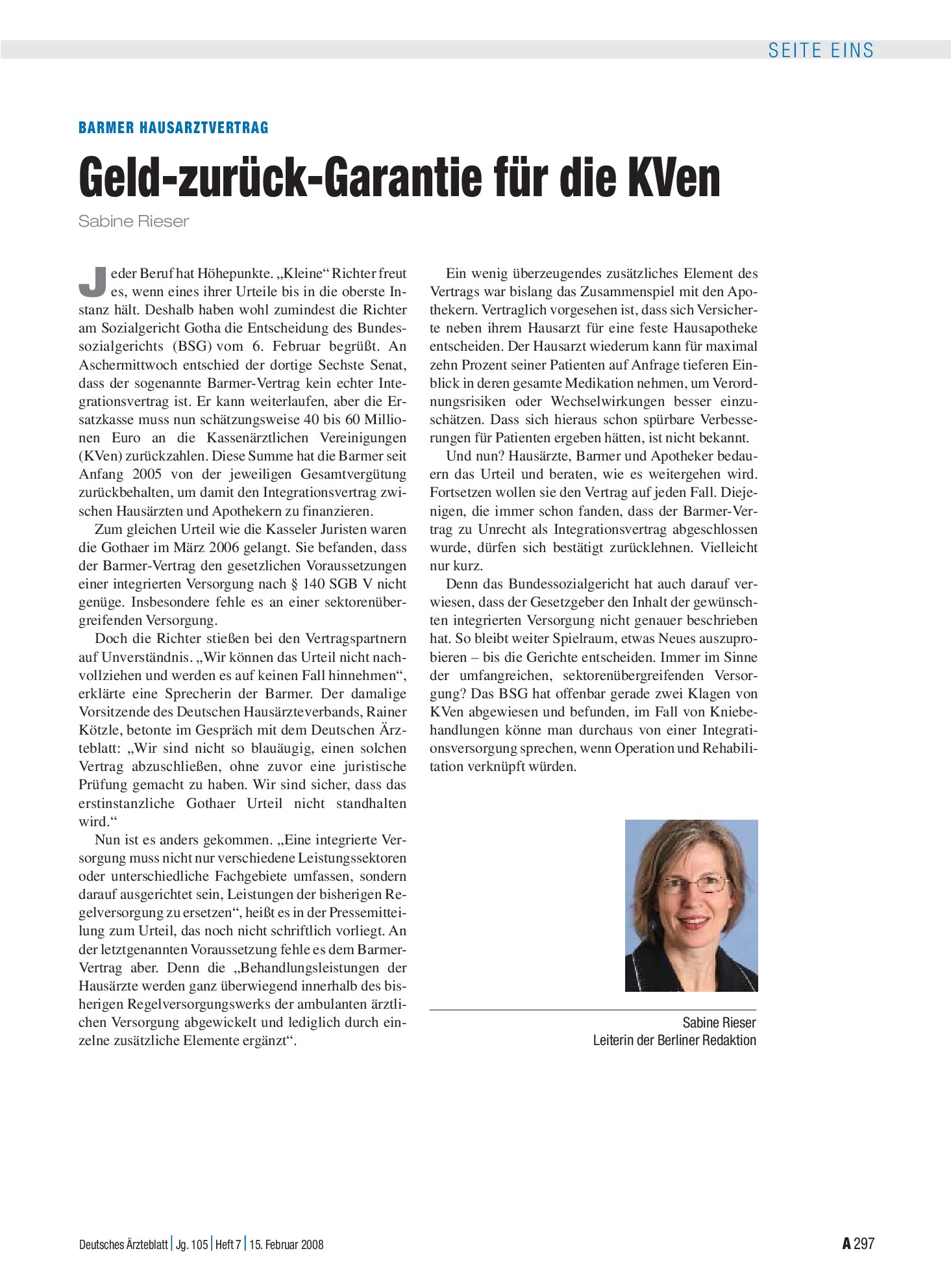 Vorschauseite 1: Barmer Hausarztvertrag: Geld-zurück-Garantie für die KVen – Deutsches Ärzteblatt