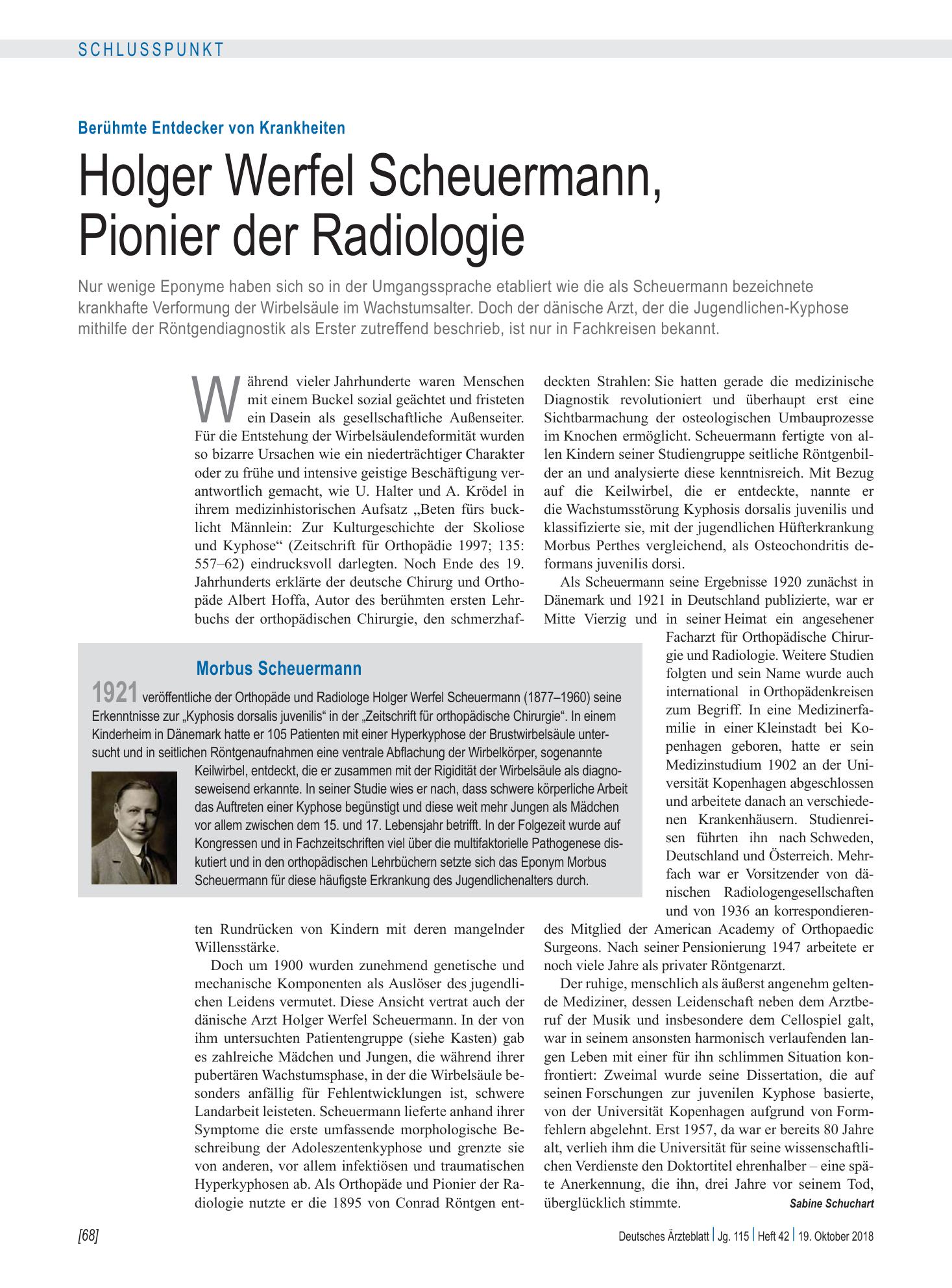 Vorschauseite 1: Berühmte Entdecker von Krankheiten: Holger Werfel Scheuermann, Pionier der Radiologie – Deutsches Ärzteblatt