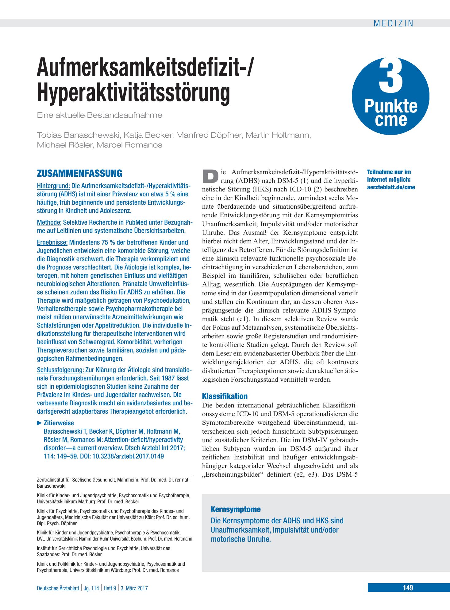 Vorschauseite 1: Aufmerksamkeitsdefizit-/ Hyperaktivitätsstörung – Deutsches Ärzteblatt