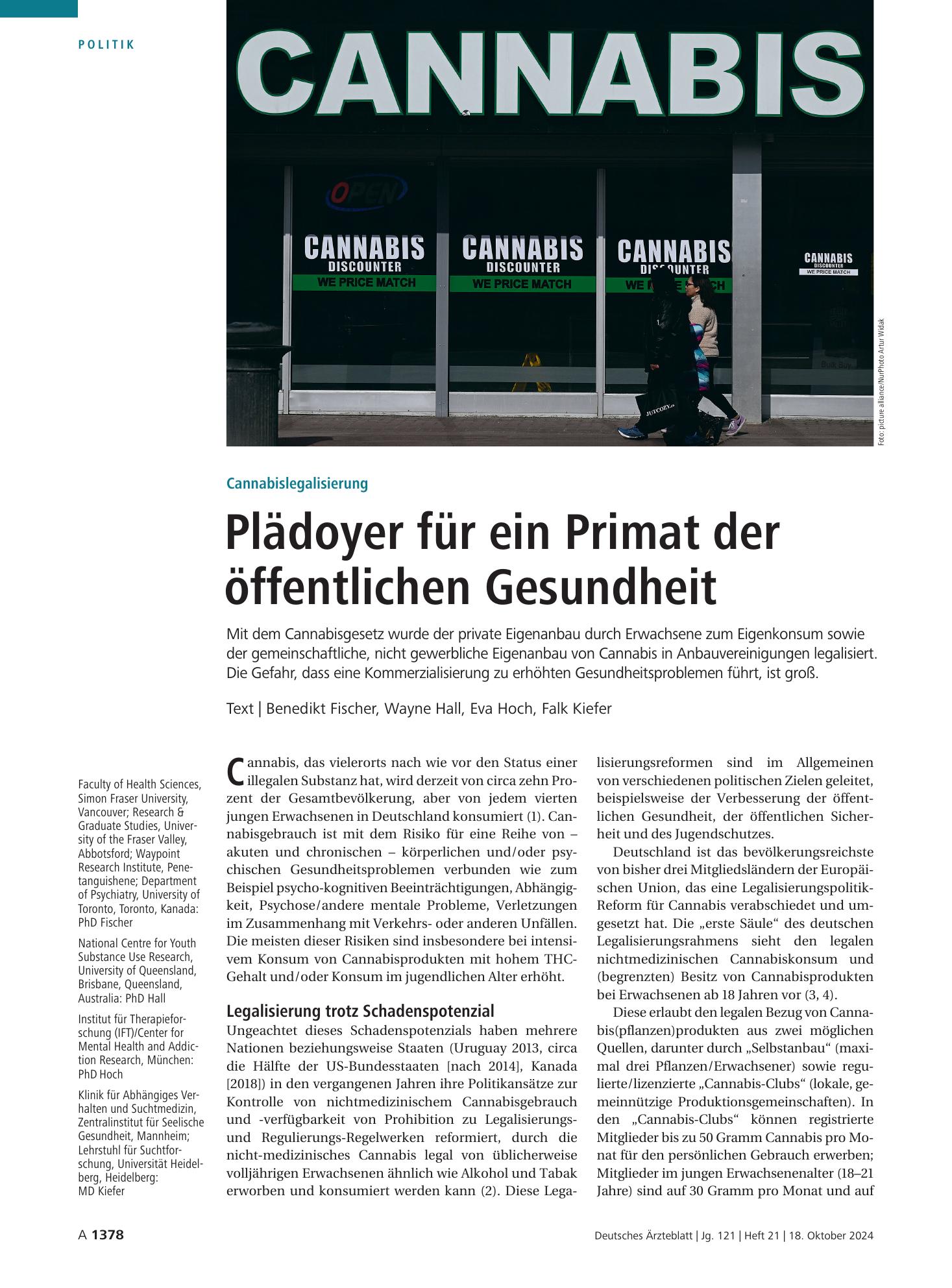 Vorschauseite 1: Cannabislegalisierung: Plädoyer für ein Primat der öffentlichen Gesundheit – Deutsches Ärzteblatt