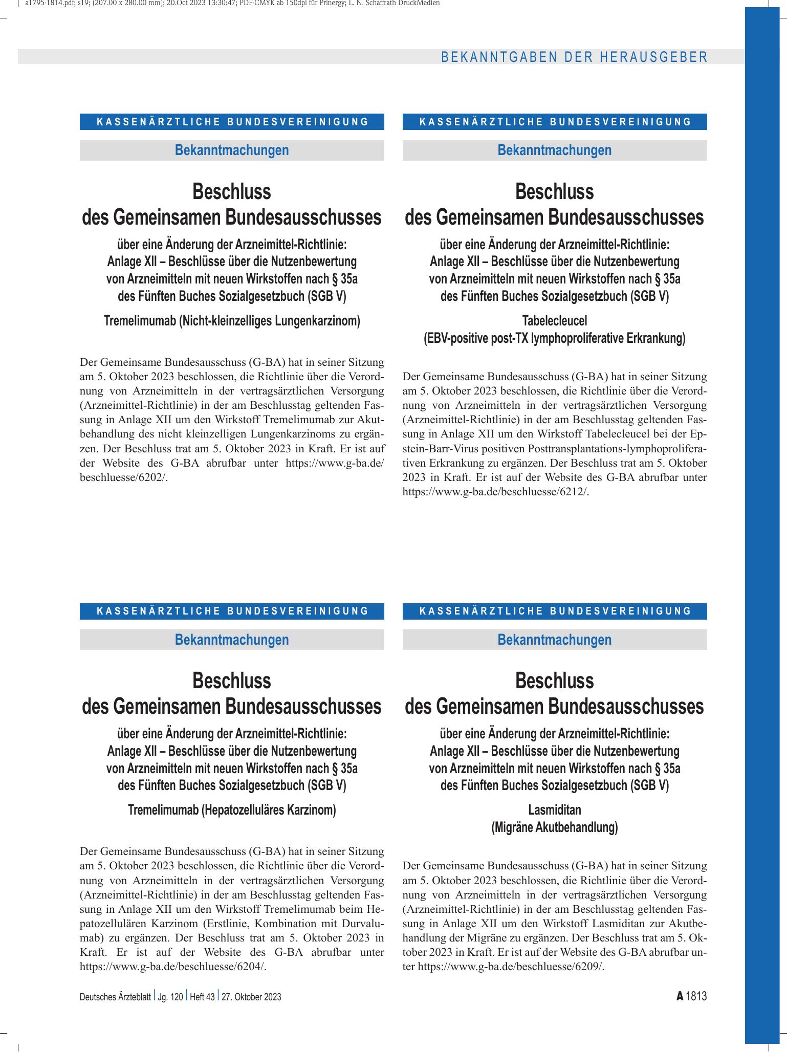 Vorschauseite 1: Beschluss des Gemeinsamen Bundesausschusses über eine Änderung der Arzneimittel-Richtlinie: Tremelimumab (Hepatozelluläres Karzinom) – Deutsches Ärzteblatt