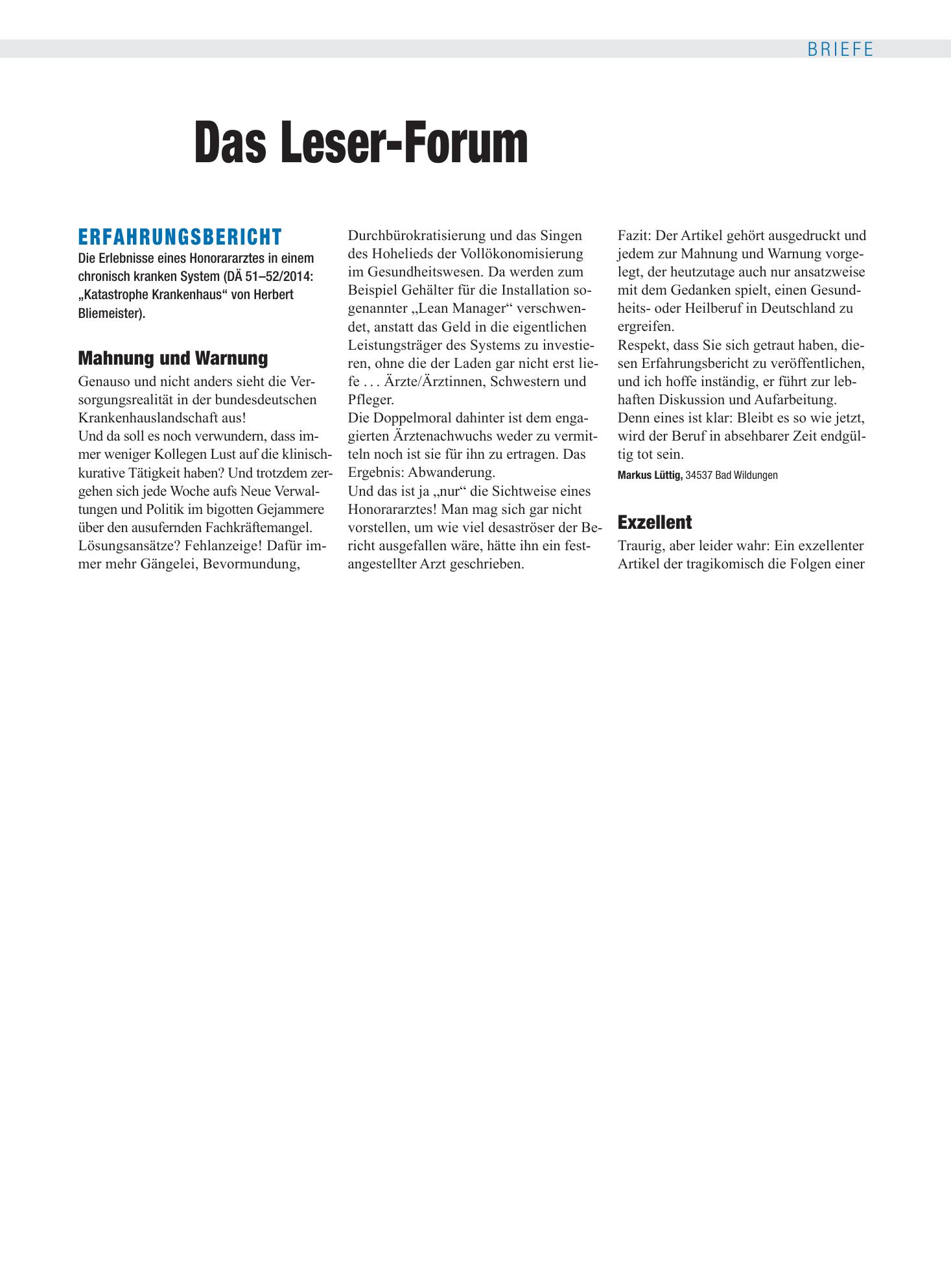 Vorschauseite 1: Erfahrungsbericht: Exzellent – Deutsches Ärzteblatt