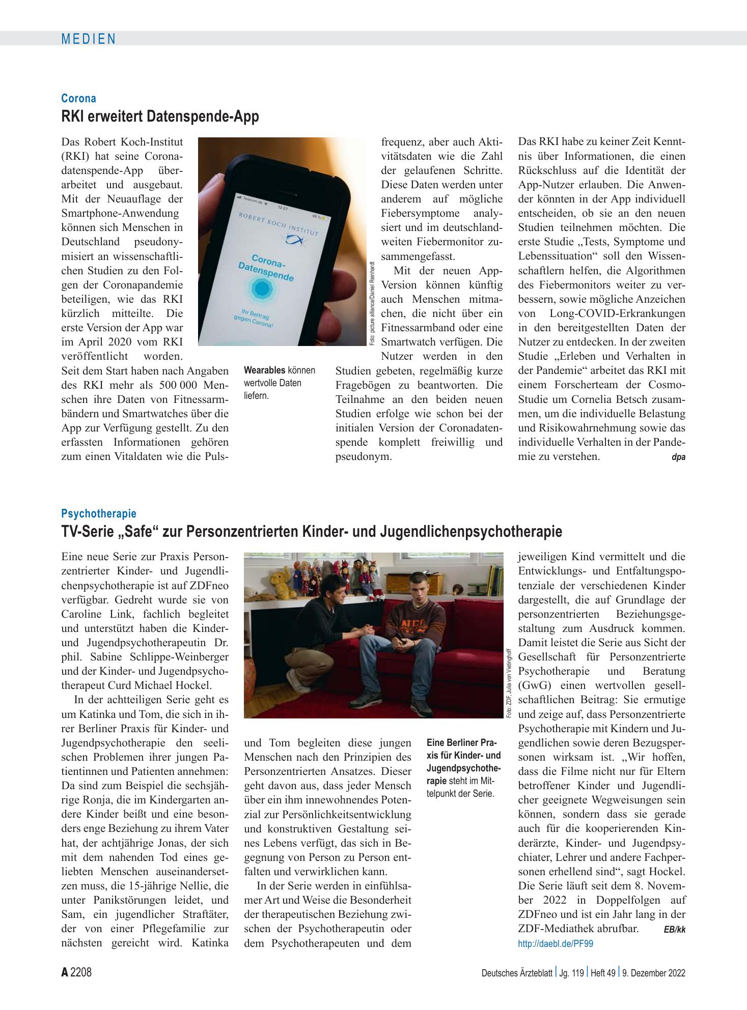 Vorschauseite 1: Corona: RKI erweitert Datenspende-App – Deutsches Ärzteblatt