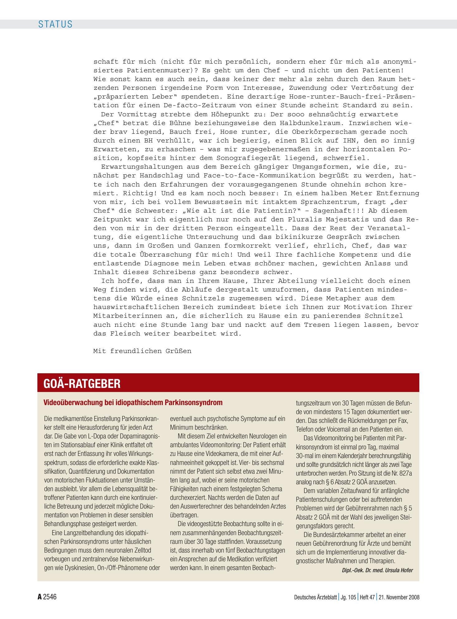 Vorschauseite 1: Videoüberwachung bei idiopathischem Parkinsonsyndrom – Deutsches Ärzteblatt