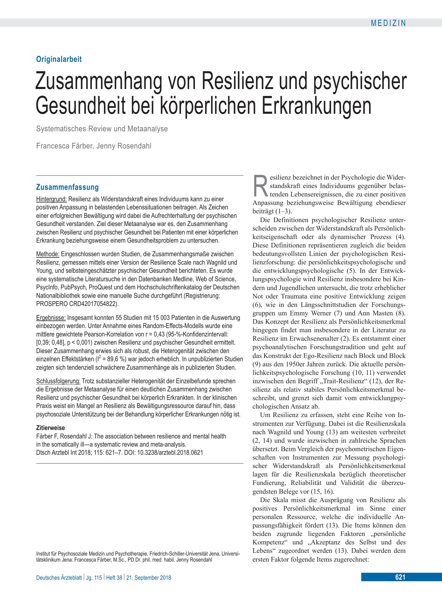 Vorschauseite 1: Zusammenhang von Resilienz und psychischer Gesundheit bei körperlichen Erkrankungen – Deutsches Ärzteblatt