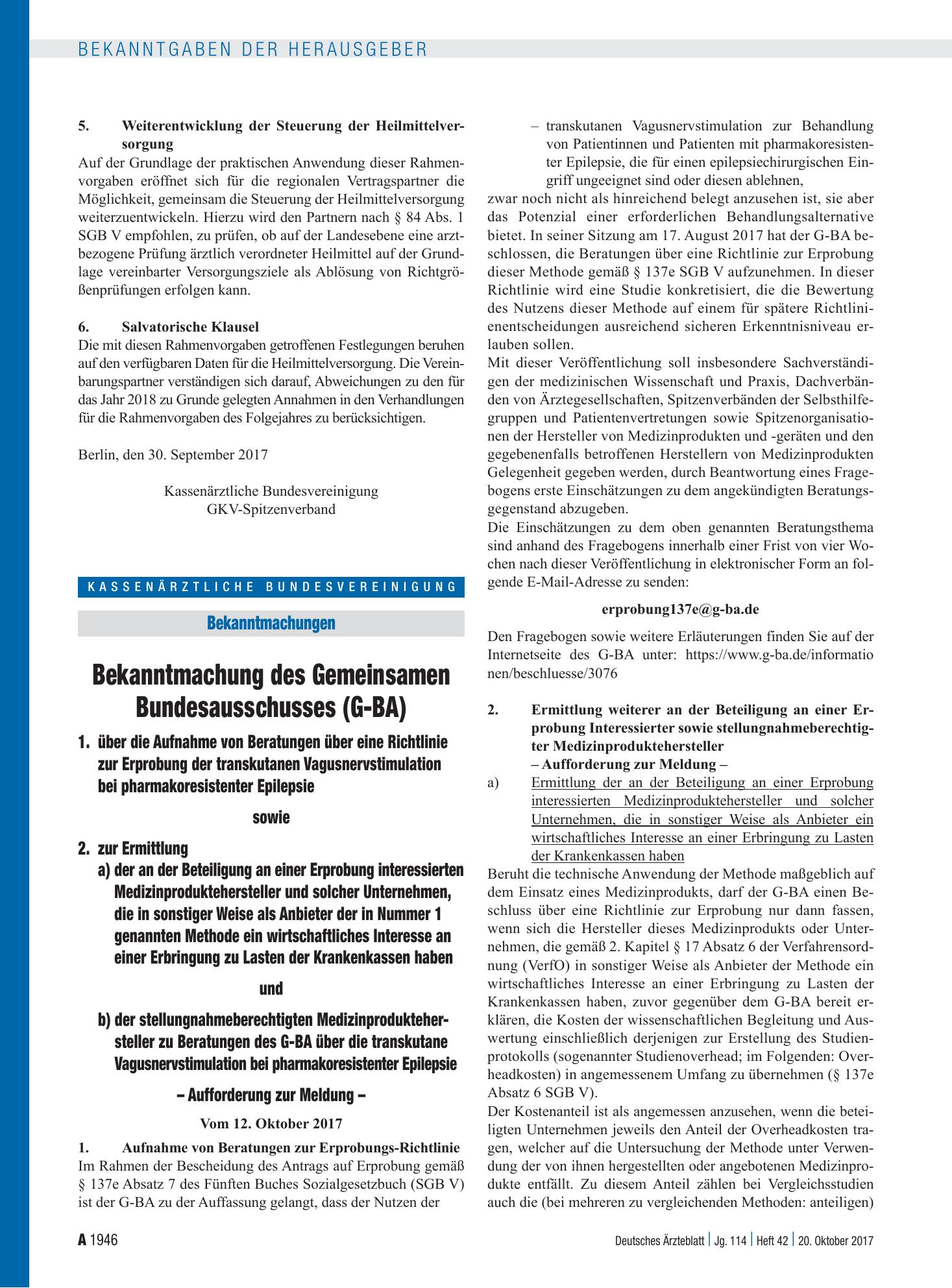 Vorschauseite 1: Bekanntmachung des Gemeinsamen Bundesausschusses (G-BA) – Deutsches Ärzteblatt