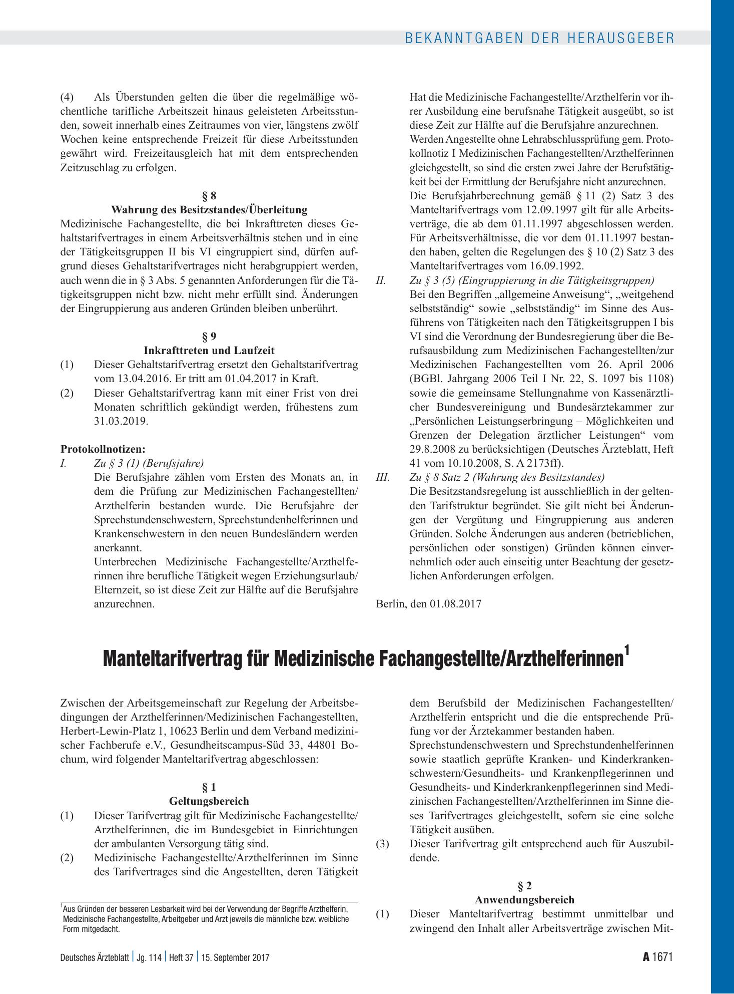 Vorschauseite 1: Manteltarifvertrag für Medizinische Fachangestellte/Arzthelferinnen – Deutsches Ärzteblatt