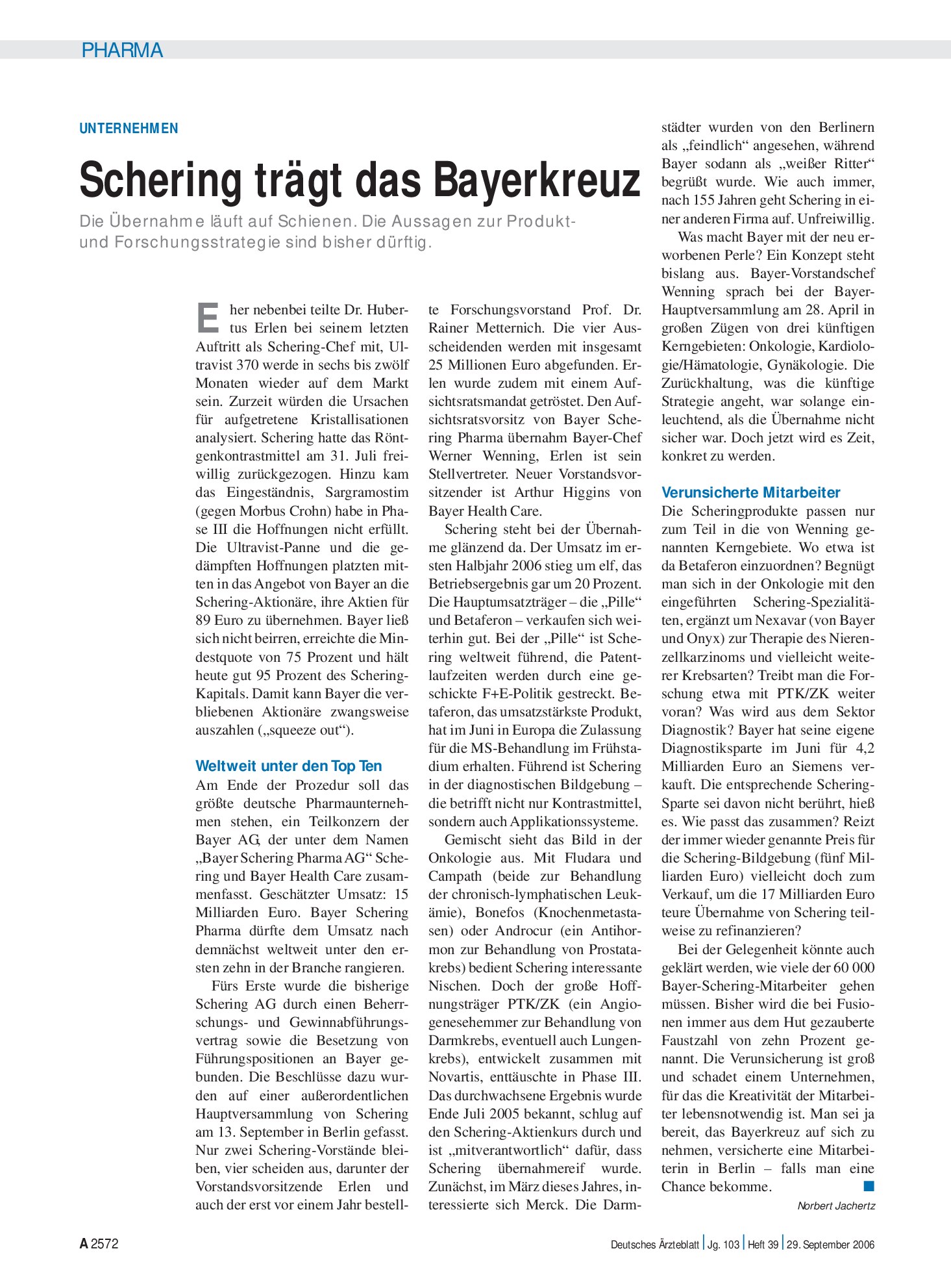 Vorschauseite 1: Unternehmen: Schering trägt das Bayerkreuz – Deutsches Ärzteblatt