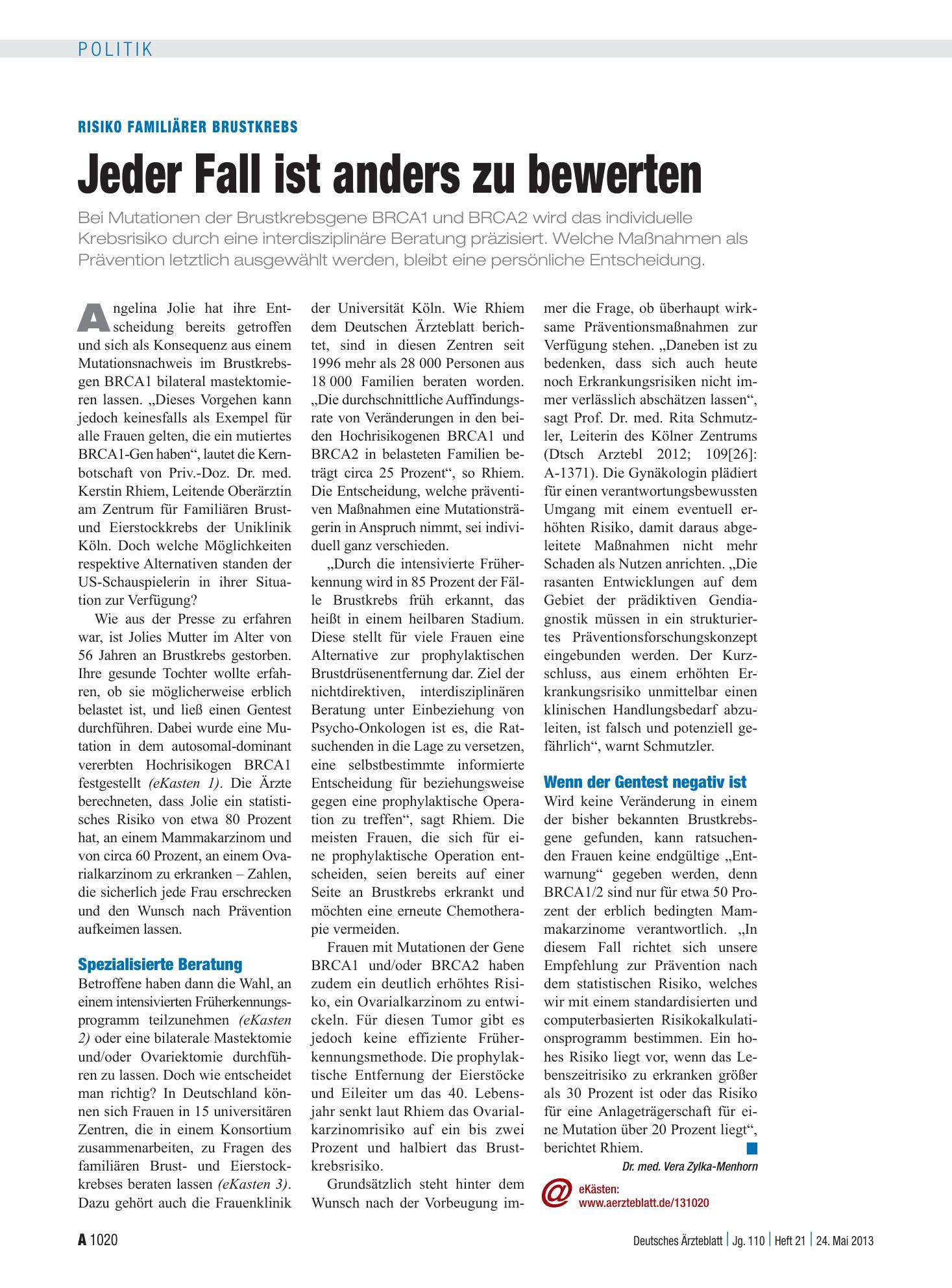 Vorschauseite 1: Risiko Familiärer Brustkrebs: Jeder Fall ist anders zu bewerten – Deutsches Ärzteblatt