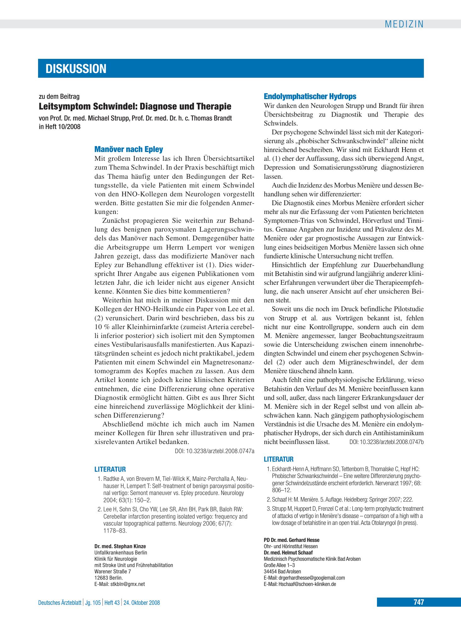 Vorschauseite 1: Leitsymptom Schwindel - Diagnose und Therapie: Endolymphatischer Hydrops – Deutsches Ärzteblatt