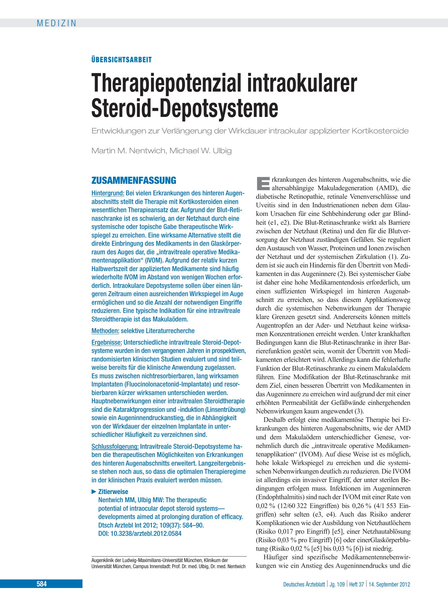 Vorschauseite 1: Therapiepotenzial intraokularer Steroid-Depotsysteme – Deutsches Ärzteblatt