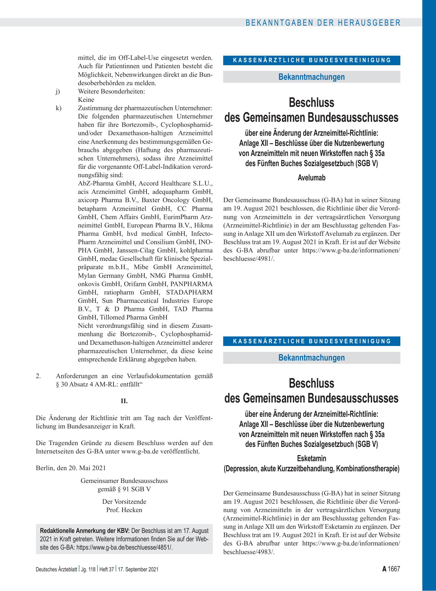 Vorschauseite 1: Beschluss des Gemeinsamen Bundesausschusses über eine Änderung der Arzneimittel-Richtlinie: Avelumab – Deutsches Ärzteblatt