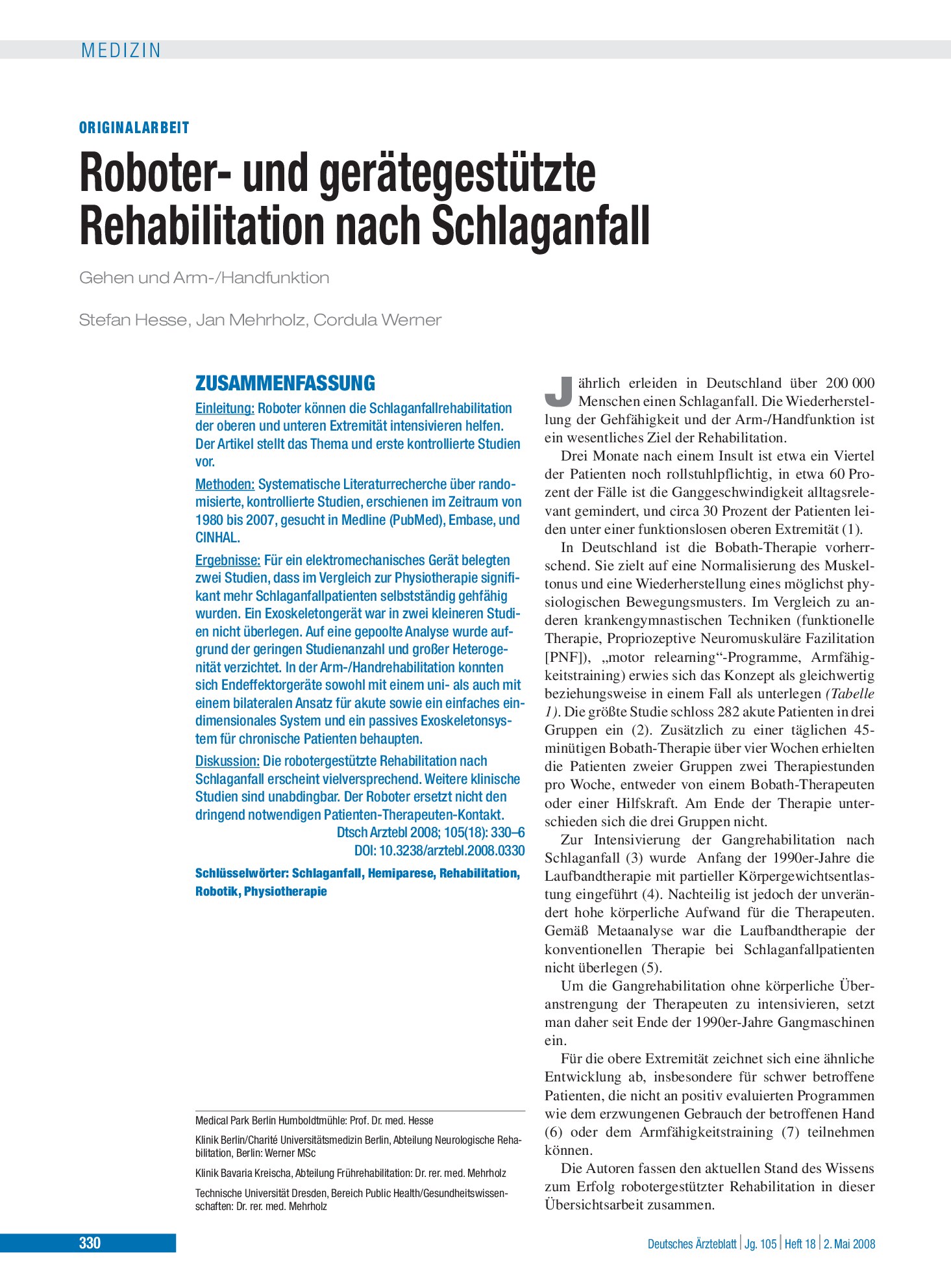 Vorschauseite 1: Roboter- und gerätegestützte Rehabilitation nach Schlaganfall – Deutsches Ärzteblatt