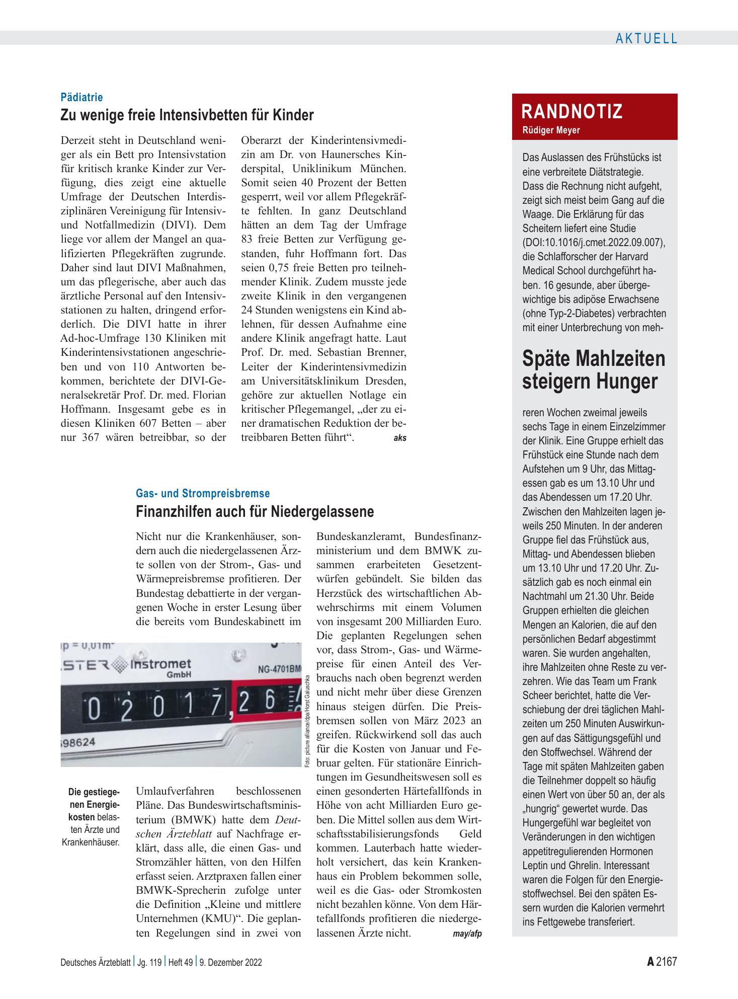 Vorschauseite 1: Randnotiz: Späte Mahlzeiten steigern Hunger – Deutsches Ärzteblatt